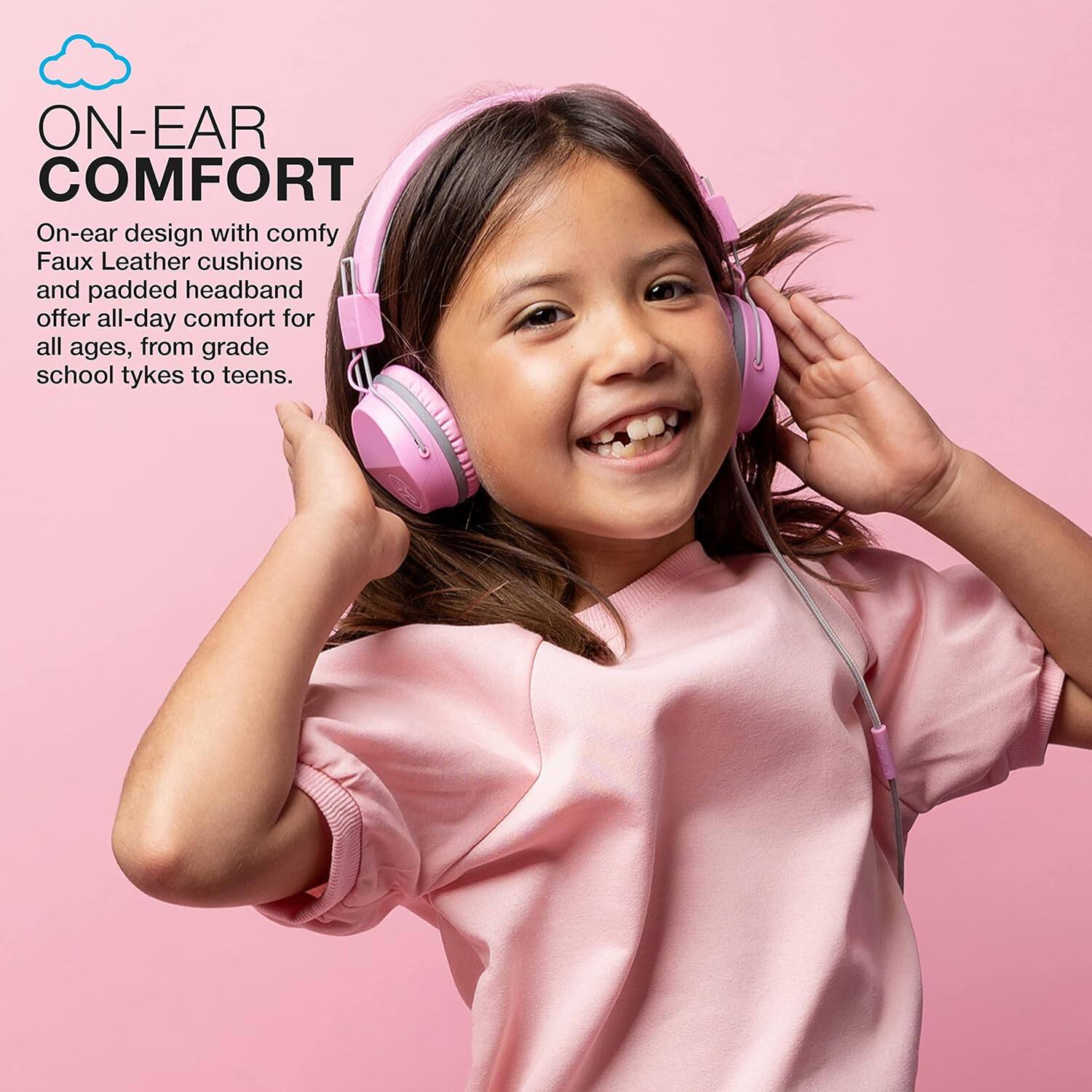ON-EAR COMFORT

On-ear design with comfy Faux Leather cushions and padded headband offer all-day comfort for all ages, from grade school tykes to teens.