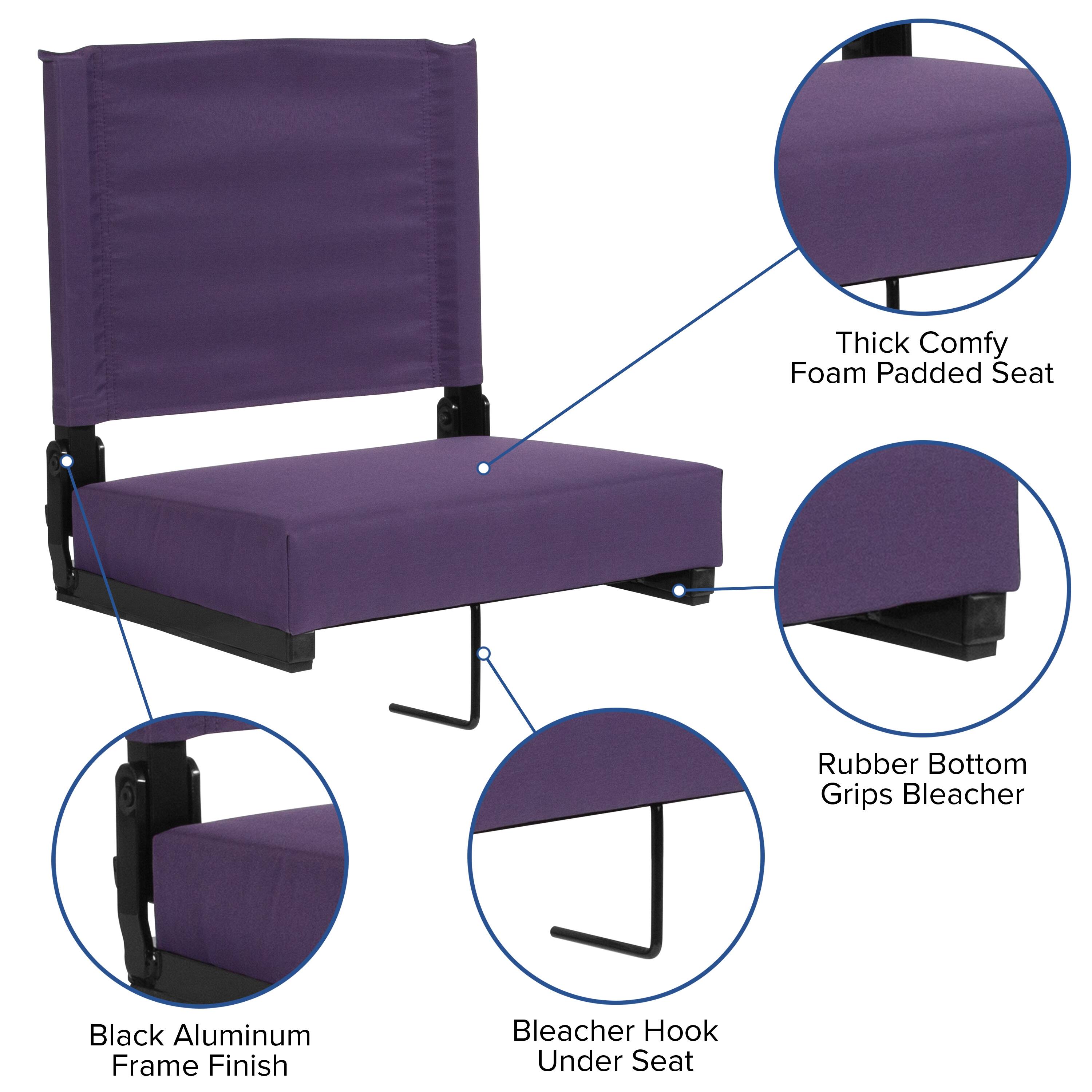 Thick Comfy Foam Padded Seat  
Rubber Bottom Grips Bleacher  
Black Aluminum Frame Finish  
Bleacher Hook Under Seat