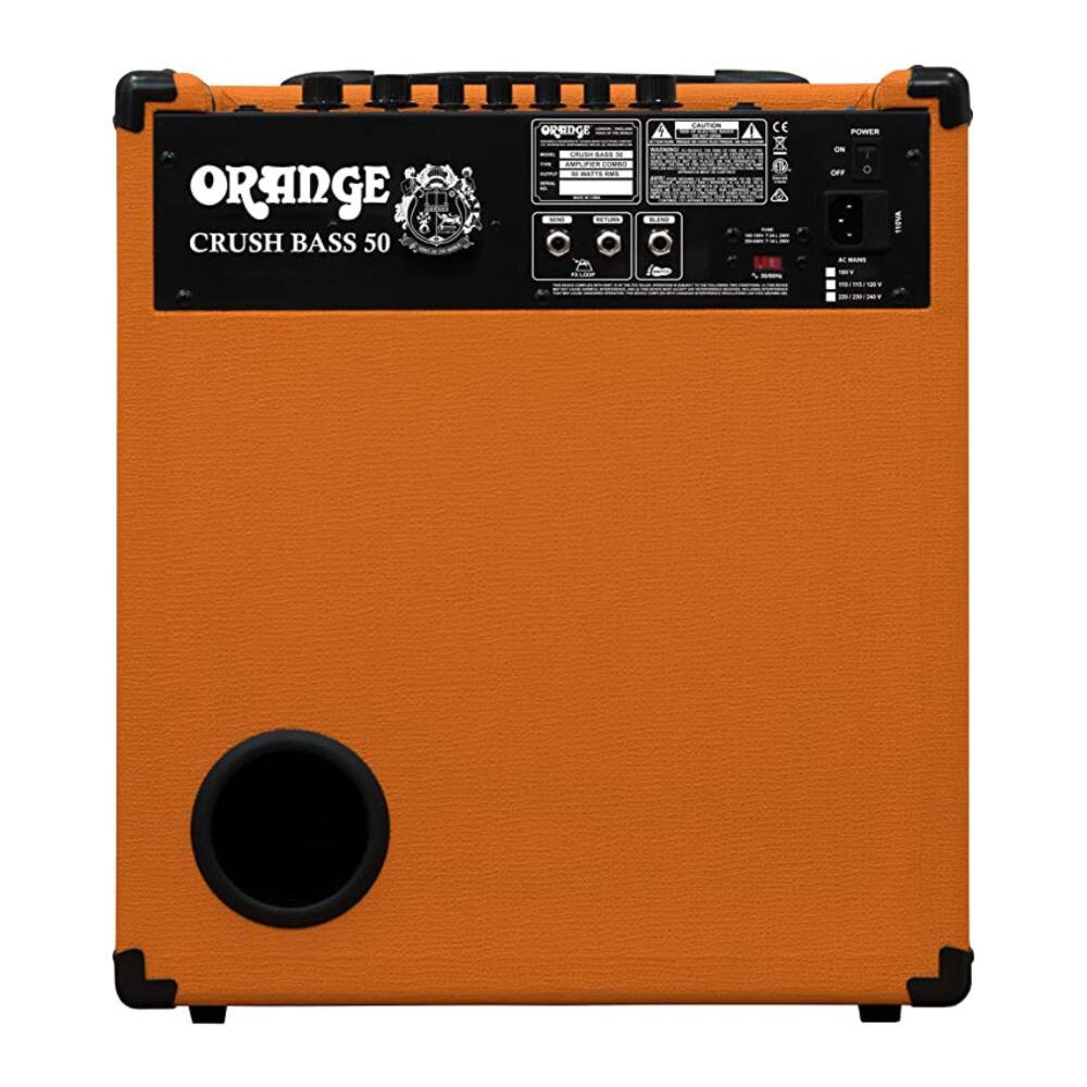 ORANGE  
CRUSH BASS 50  

POWER  
ON  
OFF  

THRU  

AC MAIN  
100-240V 50/60Hz  

OPRIDGE  
WARNING:  
DO NOT REMOVE THIS LABEL.  
FOR INFORMATION ON THE USE OF THIS PRODUCT, SEE THE OWNER'S MANUAL.  

CE  

(Various warning and certification symbols)