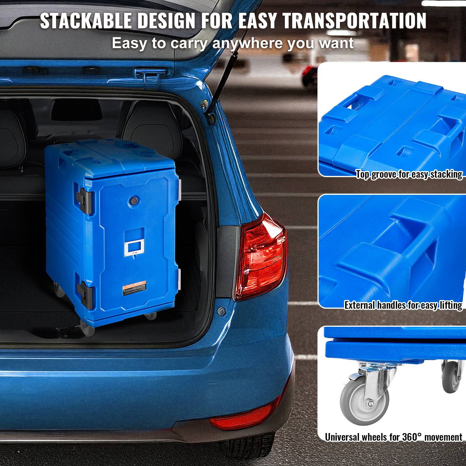 STACKABLE DESIGN FOR EASY TRANSPORTATION
Easy to carry anywhere you want
Top groove for easy stacking
External handles for easy lifting
Universal wheels for 360° movement