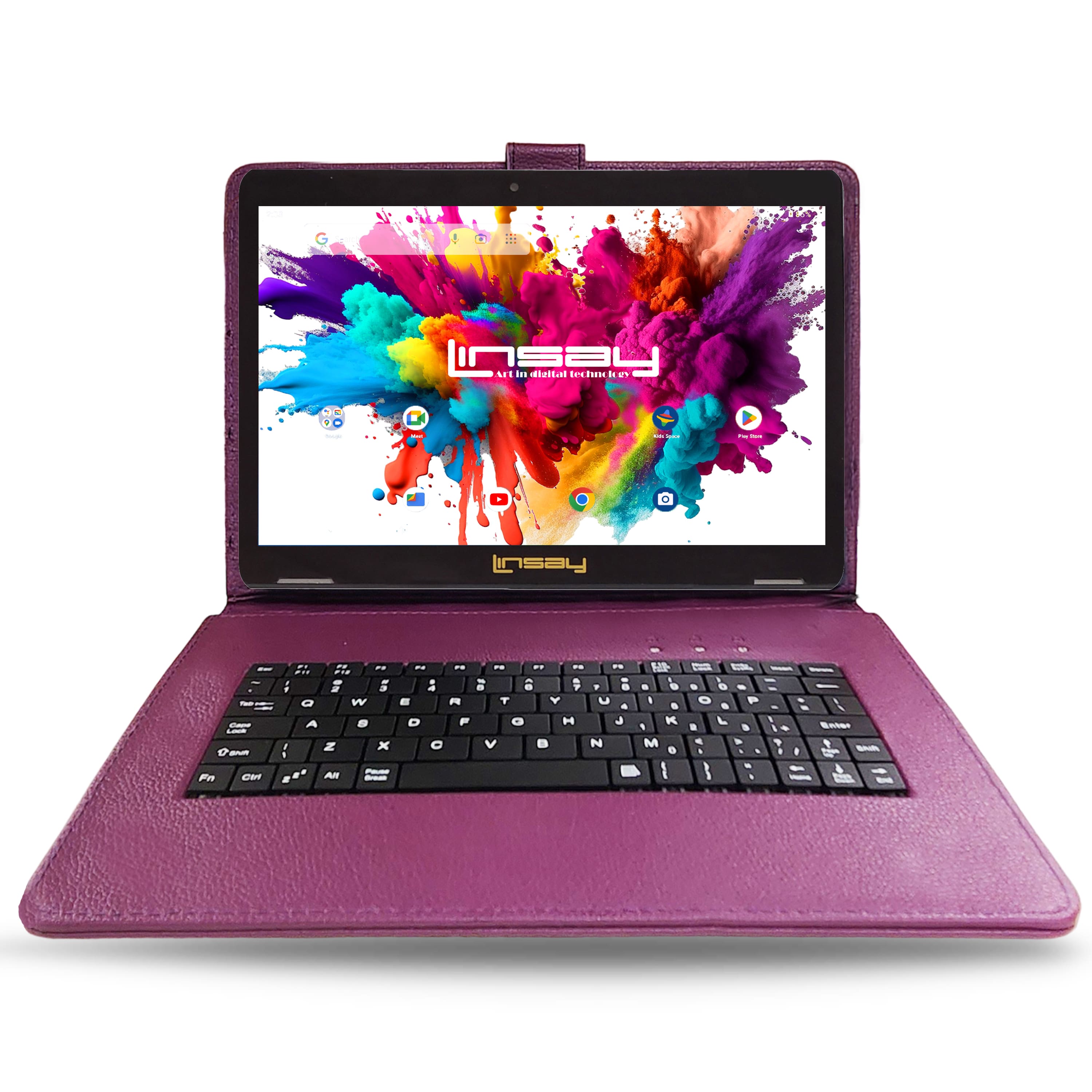 LINSAY - 10.1"Octa Core 128GB Storage Android 15 Tablet with Style Keyboard - Purple