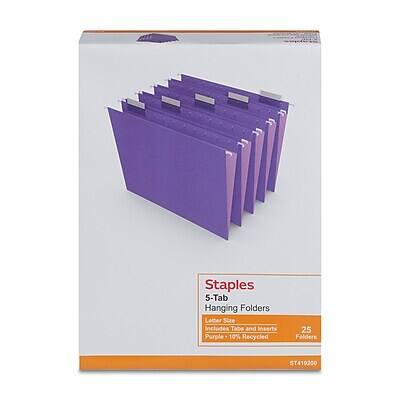Staples  
5-Tab Hanging Folders  
Letter Size  
Includes Tabs and Inserts  
Purple  
10% Recycled  
25 Folders  
ST419200