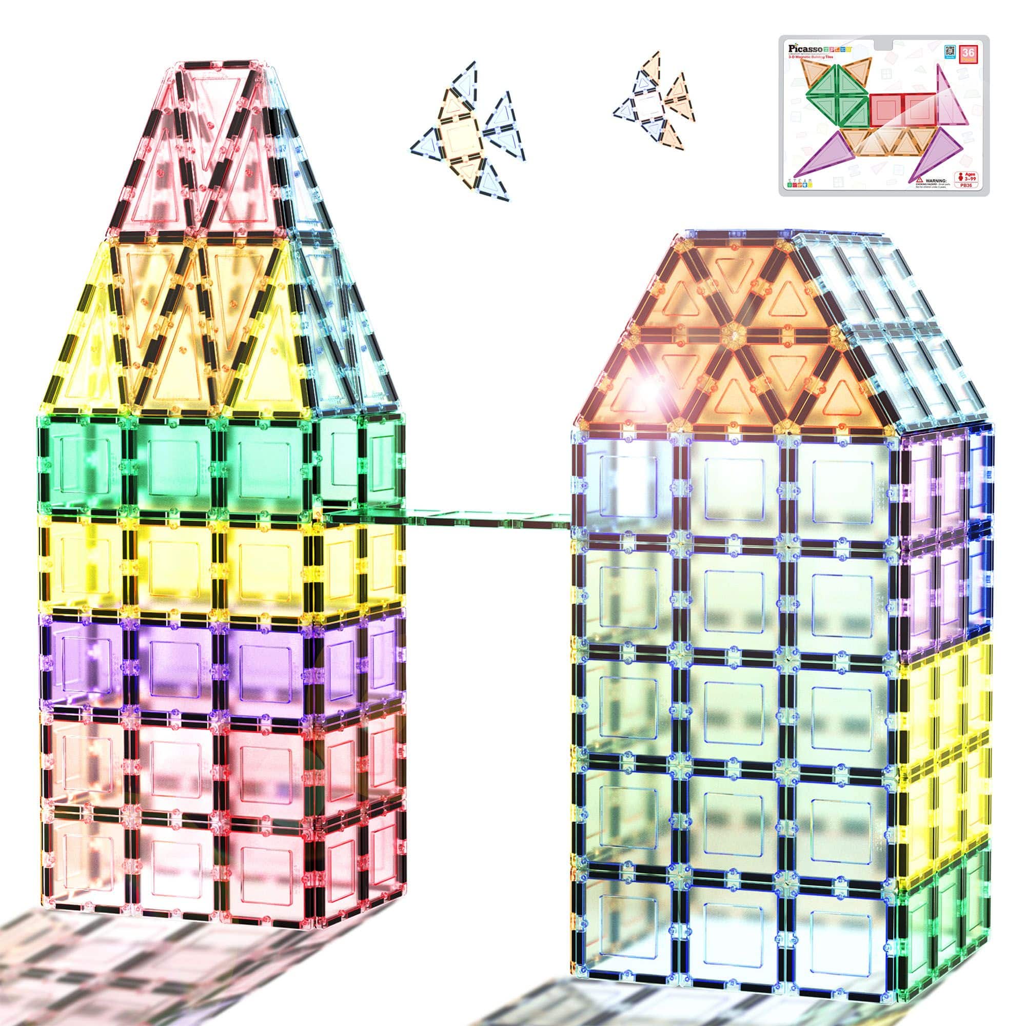 PicassoTiles - 36 PC Magnetic Tiles, Magnetic Building Blocks for Kids, Magnet for Kids 3+