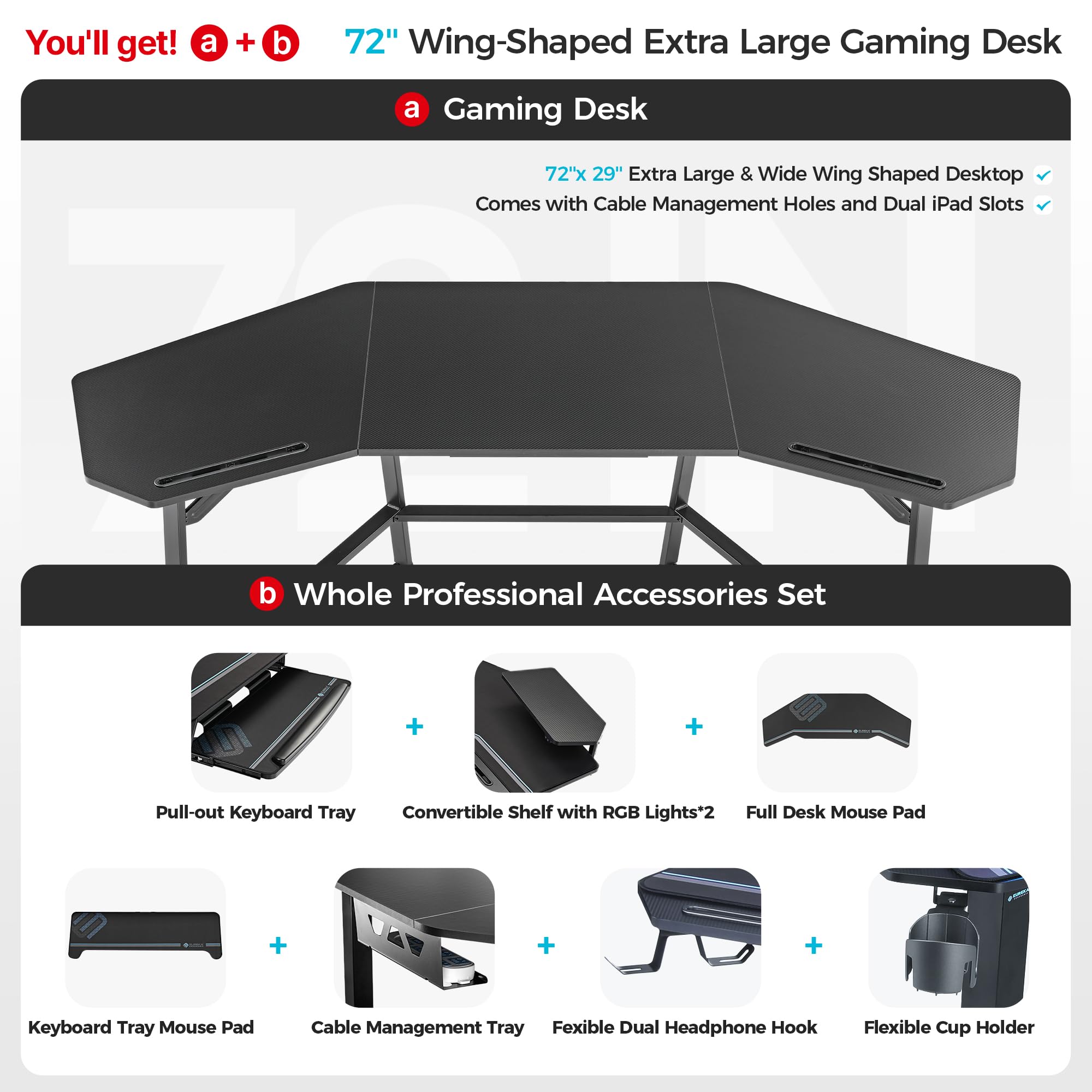 You'll get! a + b 72" Wing-Shaped Extra Large Gaming Desk a Gaming Desk 72"x 29" Extra Large & Wide Wing Shaped Desktop Comes with Cable Management Holes and Dual iPad Slots b Whole Professional Accessories Set + + Pull-out Keyboard Tray Convertible Shelf with RGB Lights*2 Full Desk Mouse Pad + + + Keyboard Tray Mouse Pad Cable Management Tray Fexible Dual Headphone Hook Flexible Cup Holder