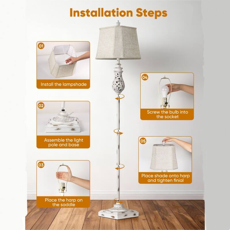 Installation Steps

01 Install the lampshade

02 Assemble the light pole and base

03 Place the harp on the saddle

04 Screw the bulb into the socket

05 Place shade onto harp and tighten finial