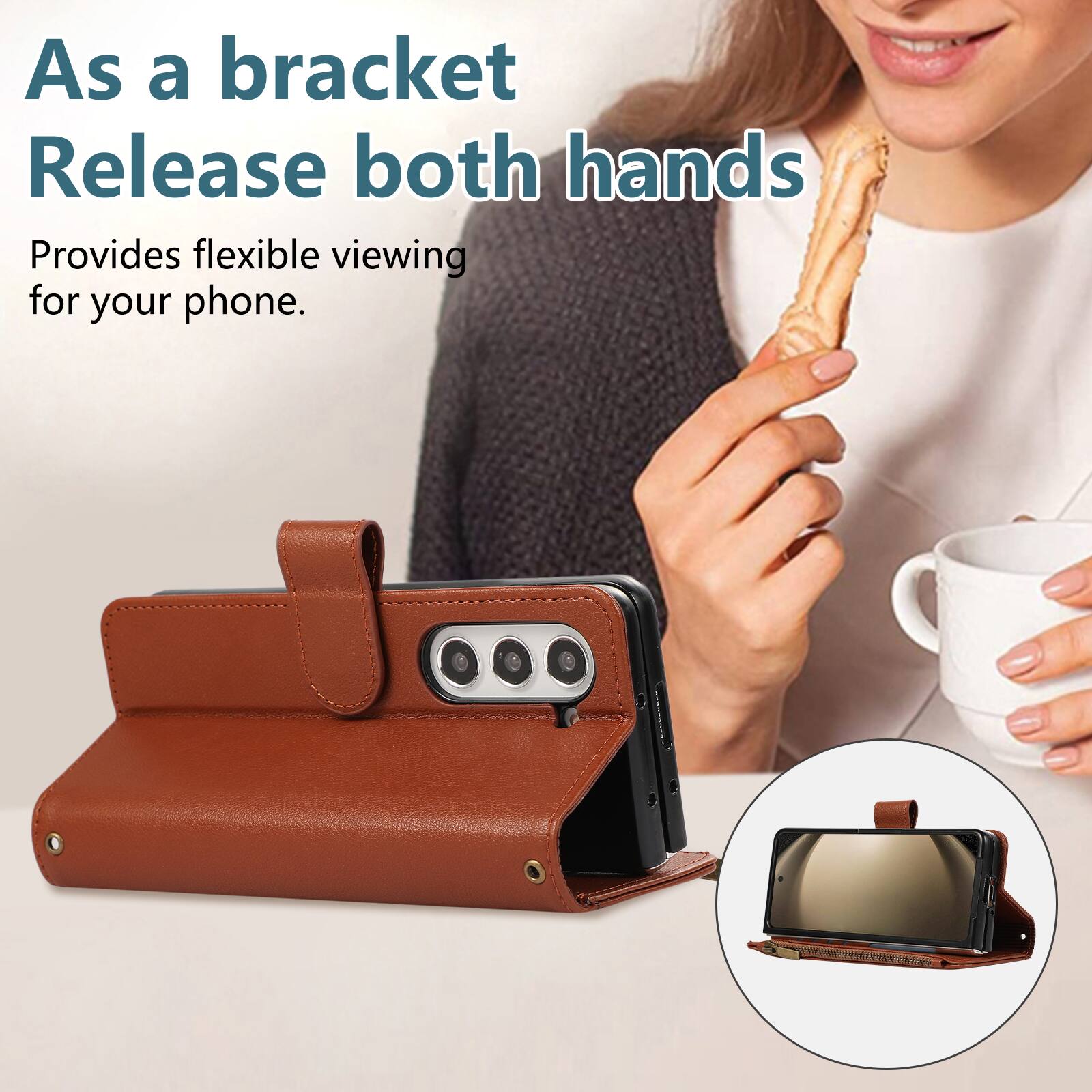 As a bracket, release both hands. Provides flexible viewing for your phone.