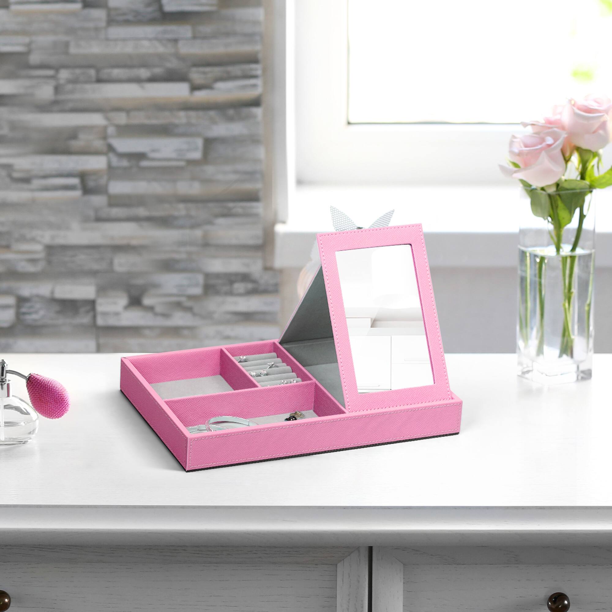 Alt View 1. Oumilen - Pink Faux Leather Jewelry Box with Fold-Out Mirror, Multi-Compartment Organizer Tray for Rings Earrings Necklace - Pink.