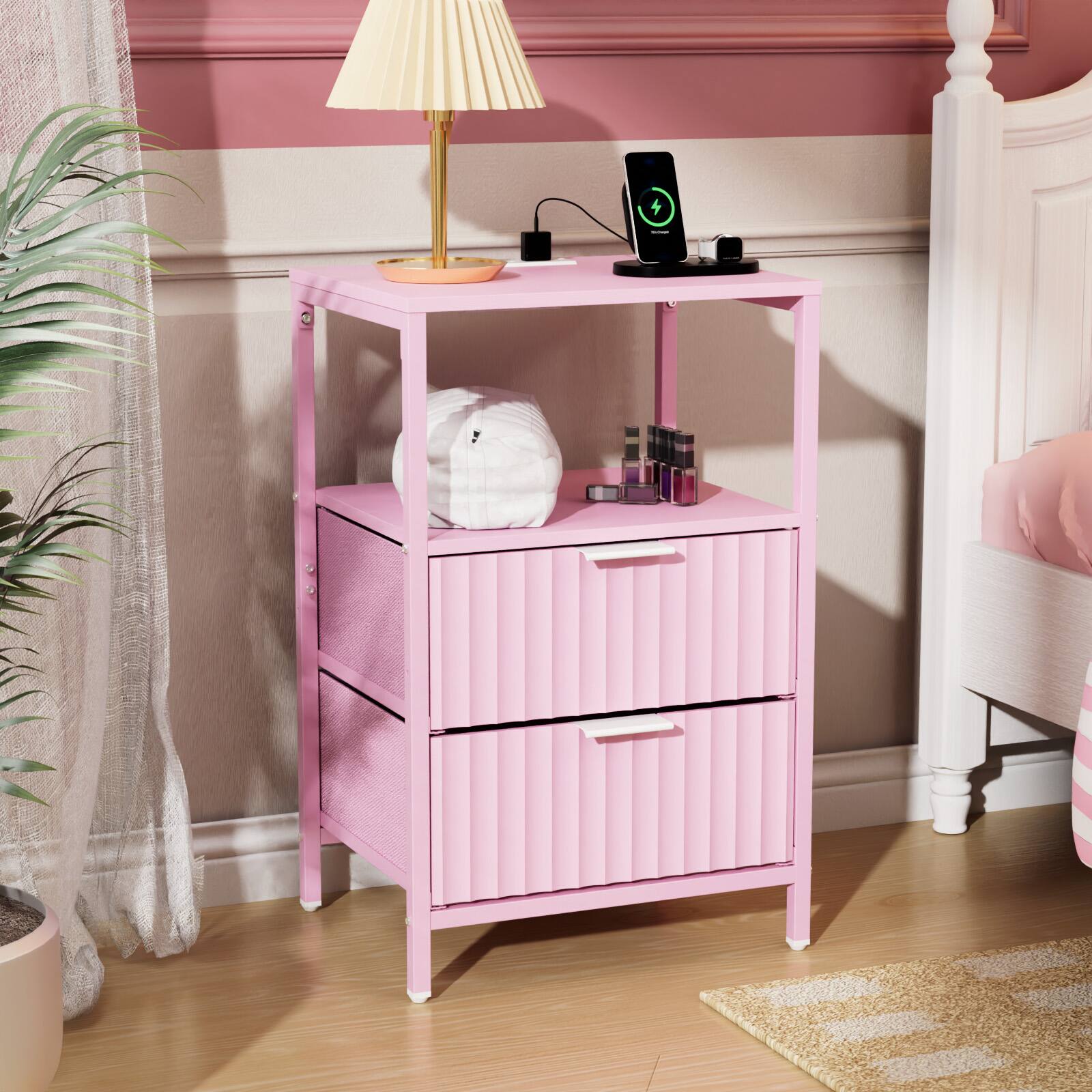 Alt View 6. Winado - Fluted Style Nightstand with Charging Station, 2 Fabric Drawers and Shelves USB Type-C AC Outlets Front Bedside Table - Pink.