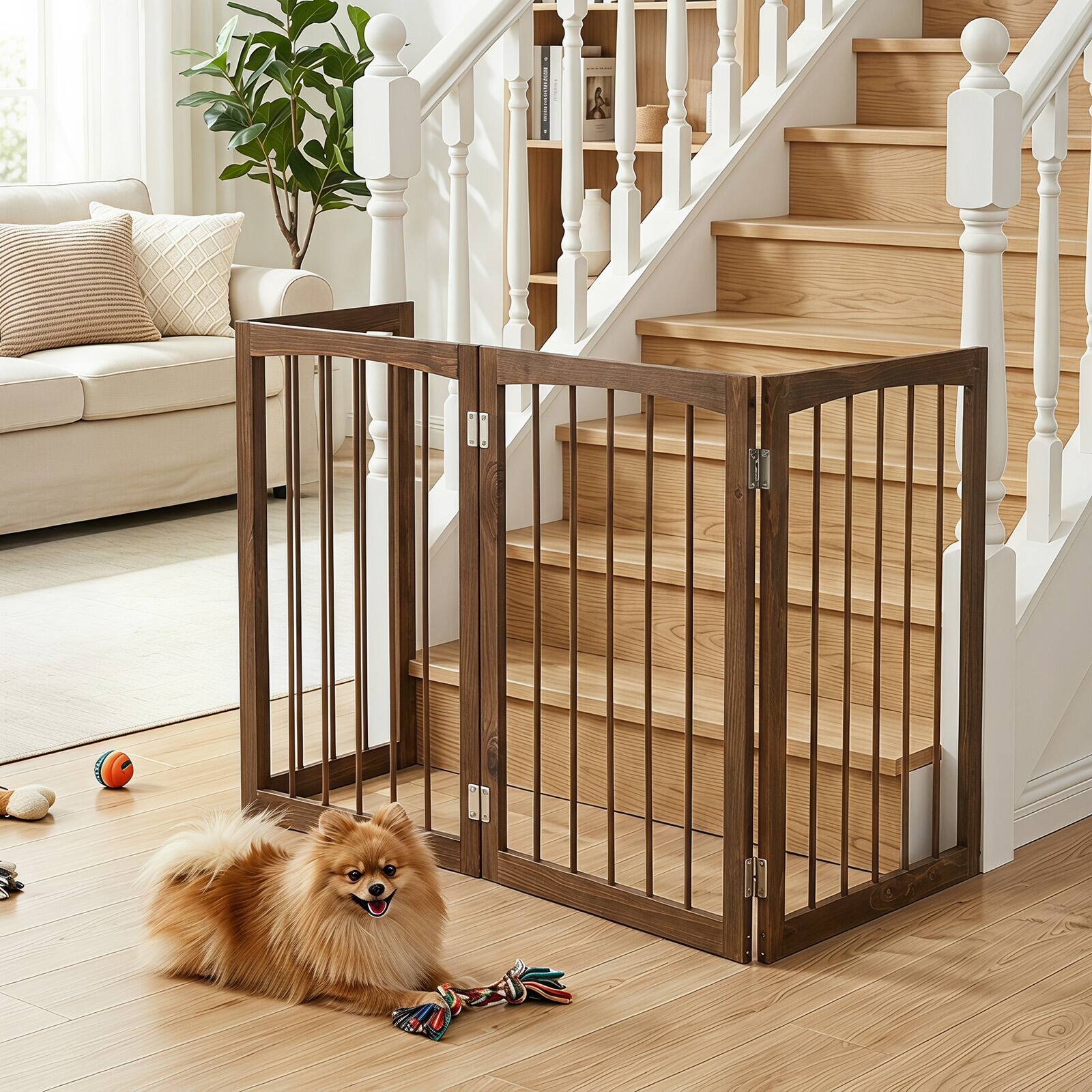 Alt View 3. Gymax - Gymax 83'' L x 30'' H Dog Gate 4-Panel Wooden Pet Fence for Indoor Stairs Doorway Brown - Brown.