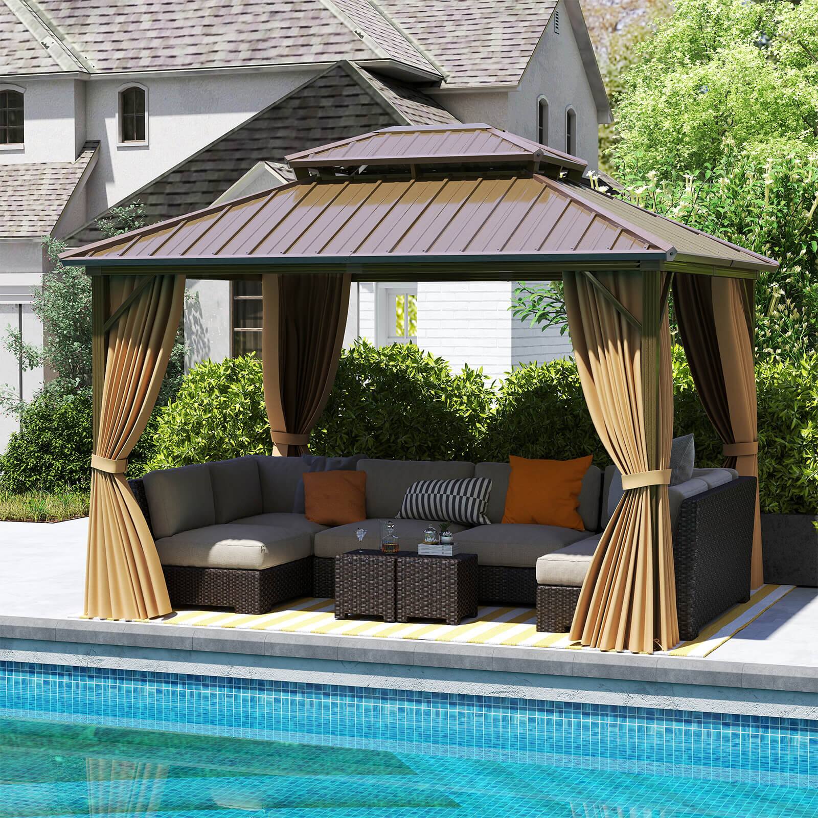 Alt View 3. Costway - Costway 12 X 10 FT Hardtop Gazebo with  Netting Heavy-Duty Double-Roof Galvanized Metal Top - Coffee.