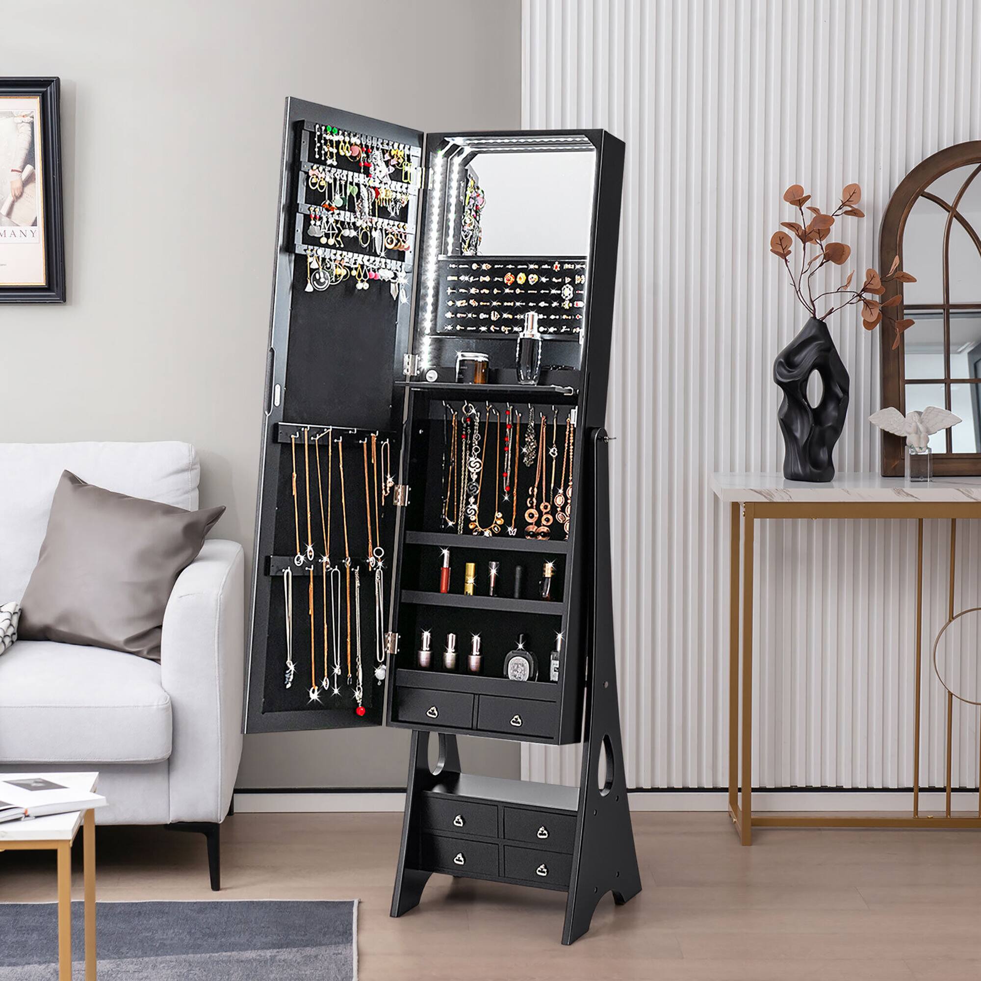 Alt View 1. Gymax - Gymax Jewelry Cabinet Armoire Full Length LED Mirror W/ 6 Drawers & Makeup Shelf Black - Black.