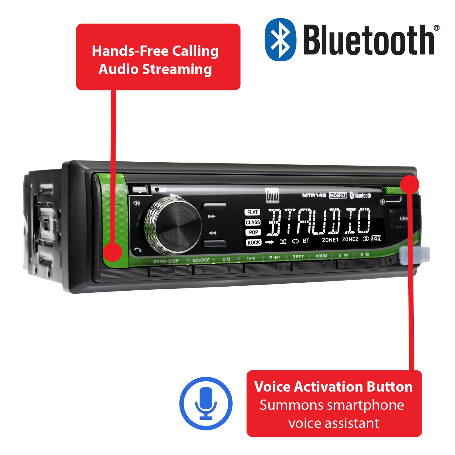Hands-Free Calling Audio Streaming

Bluetooth

Gual MTR14G MOSFET Bluetooth FLAT USE CLASS POP BTAUDIO ZONE1 ZONE2 () USB ROCK BT

BAND-DISP SOURCE DIM

10

2 INT

3RPT

4RDM

S

I

6

Voice Activation Button Summons smartphone voice assistant