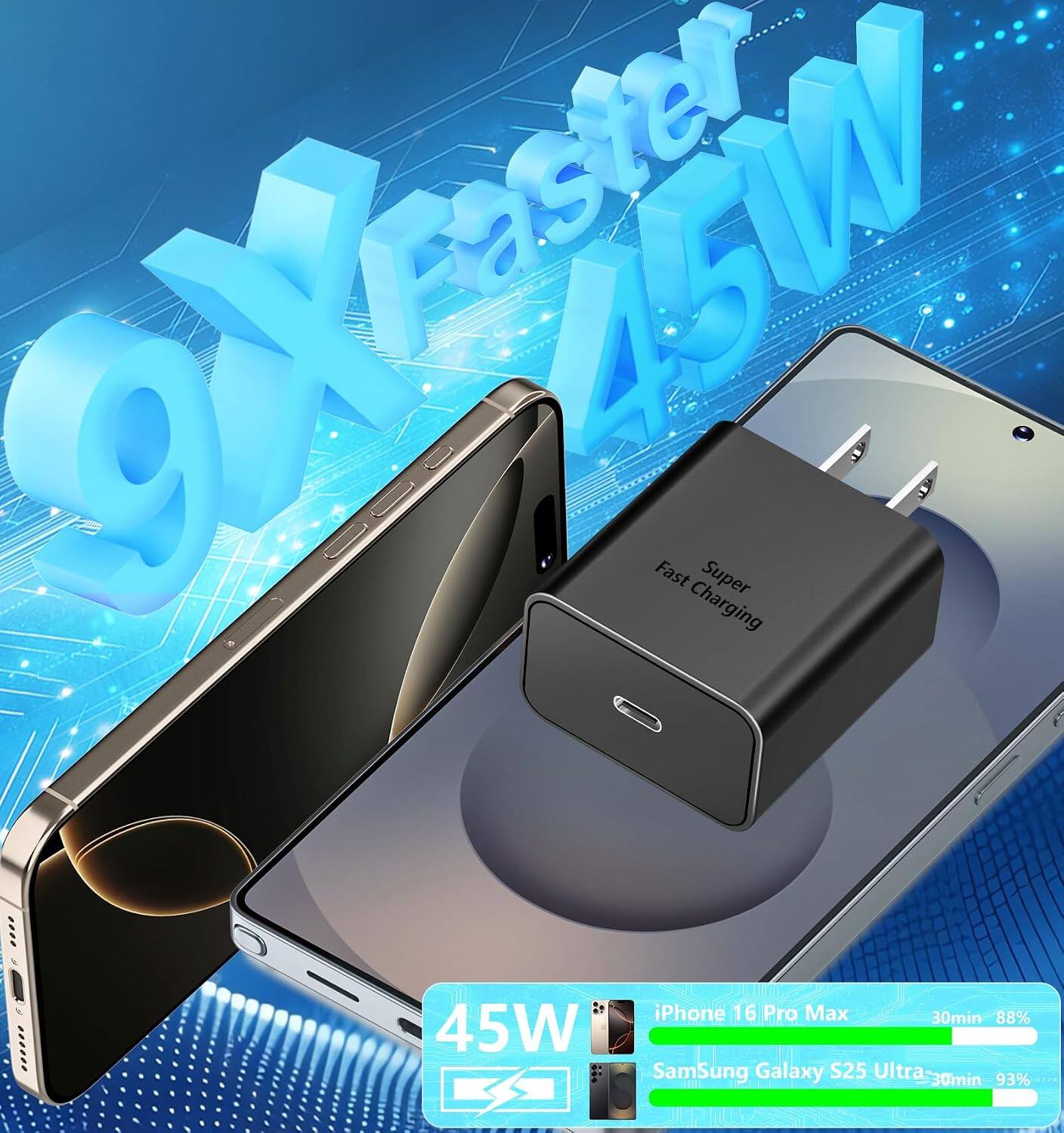 Newstry 4GW Fast Super Charging iPhone 16 Pro Max 30min 88% 45W SamSung Galaxy S25 Ultra 30min 93%
