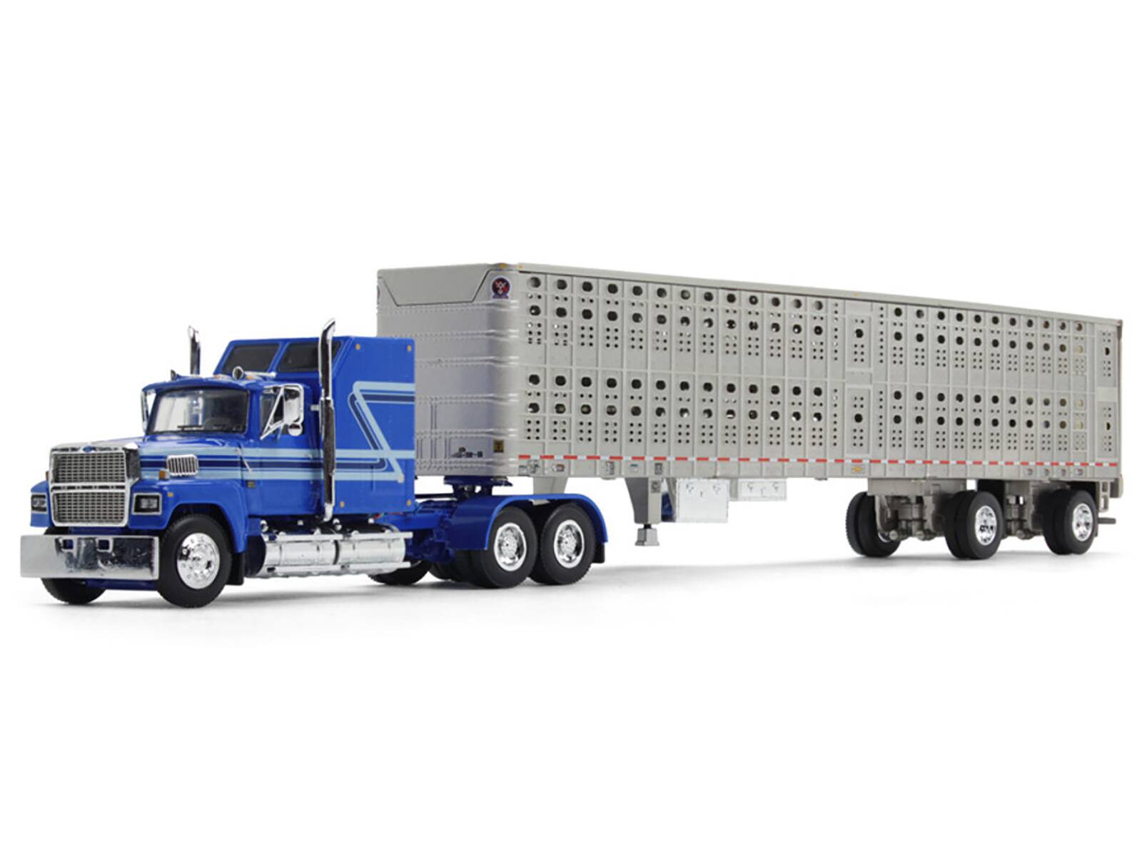Angle. First Gear - Ford LTL 9000 60 Aerodyne Sleeper with Wilson PSAL Stockmaster Livestock Trailer Blue with Stripes 1/64 - Blue.