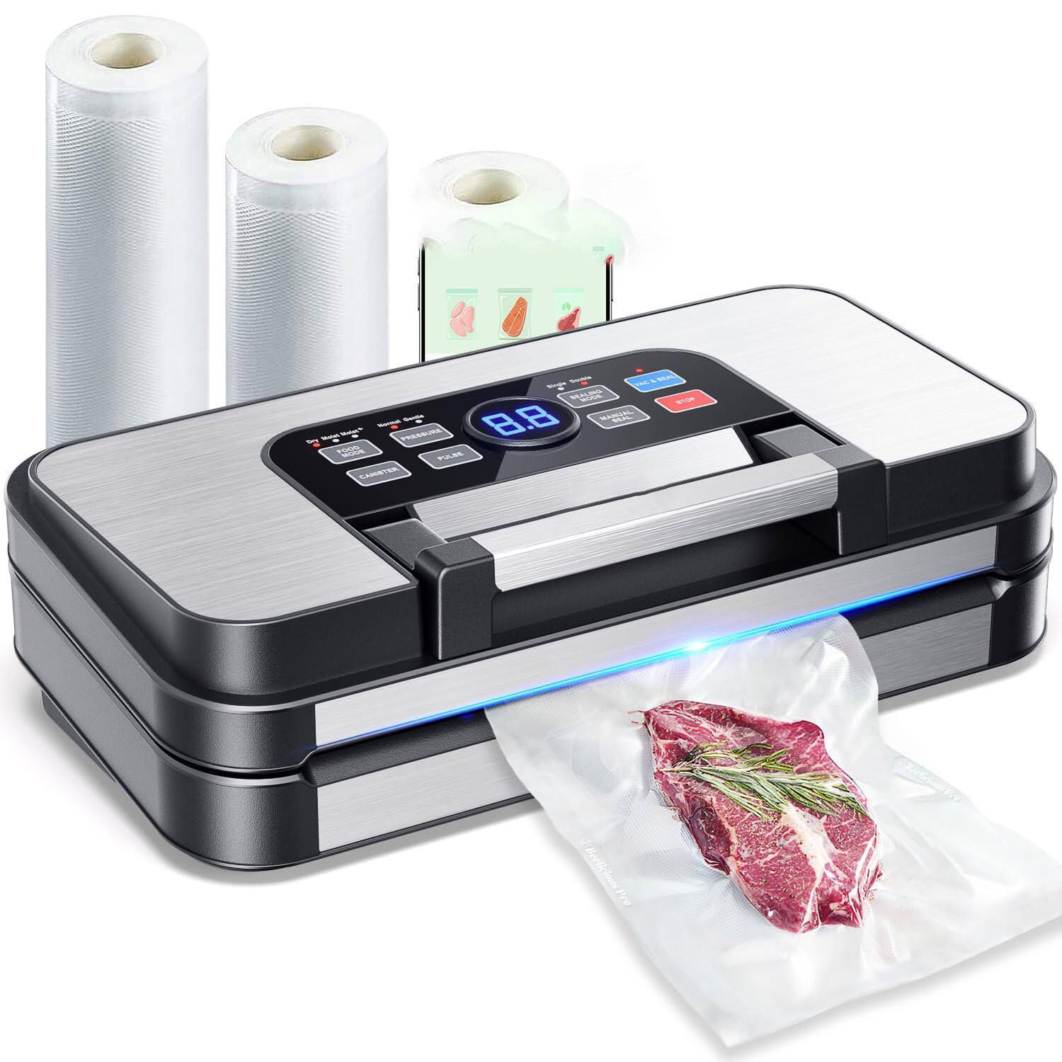 GlowWise - 95Kpa Pro Vacuum Sealer - Dual Pump & Seal, Built-in Cutter, 10-in-1 Food Saver w/ Bags - Stainless Steel