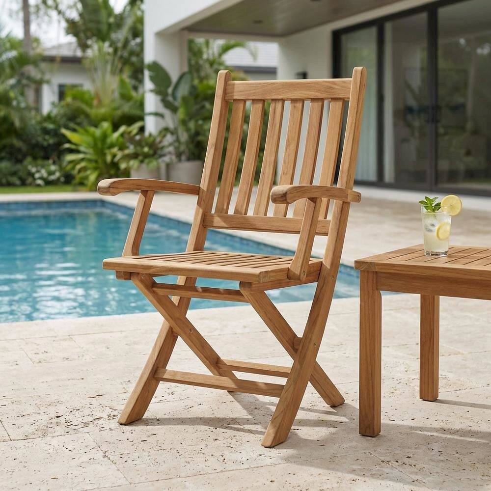 Left. Outdoor Escape - Elegant Teak Outdoor Folding Chair for Patio Dining with Armrests - Brown.