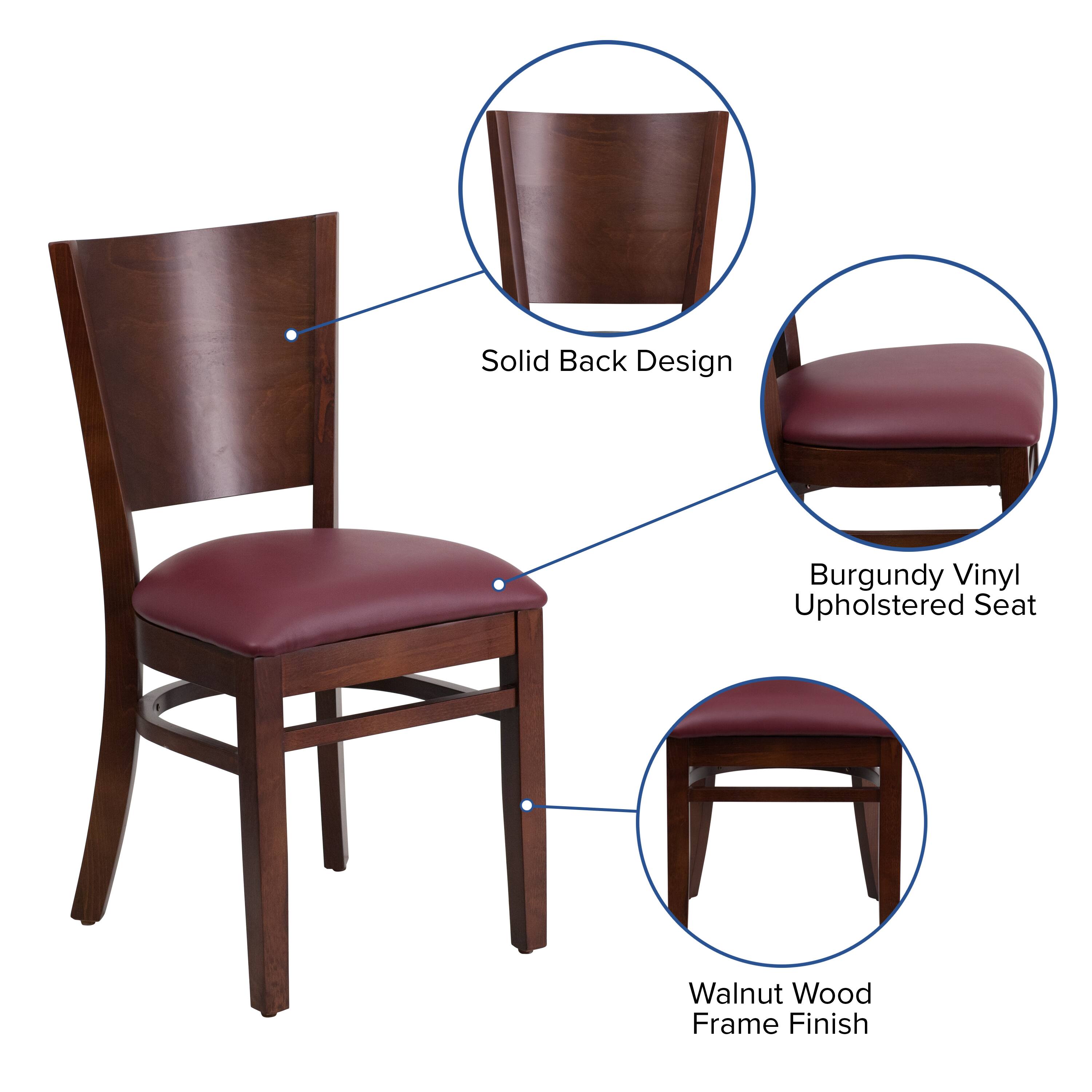 Solid Back Design  
Burgundy Vinyl Upholstered Seat  
Walnut Wood Frame Finish