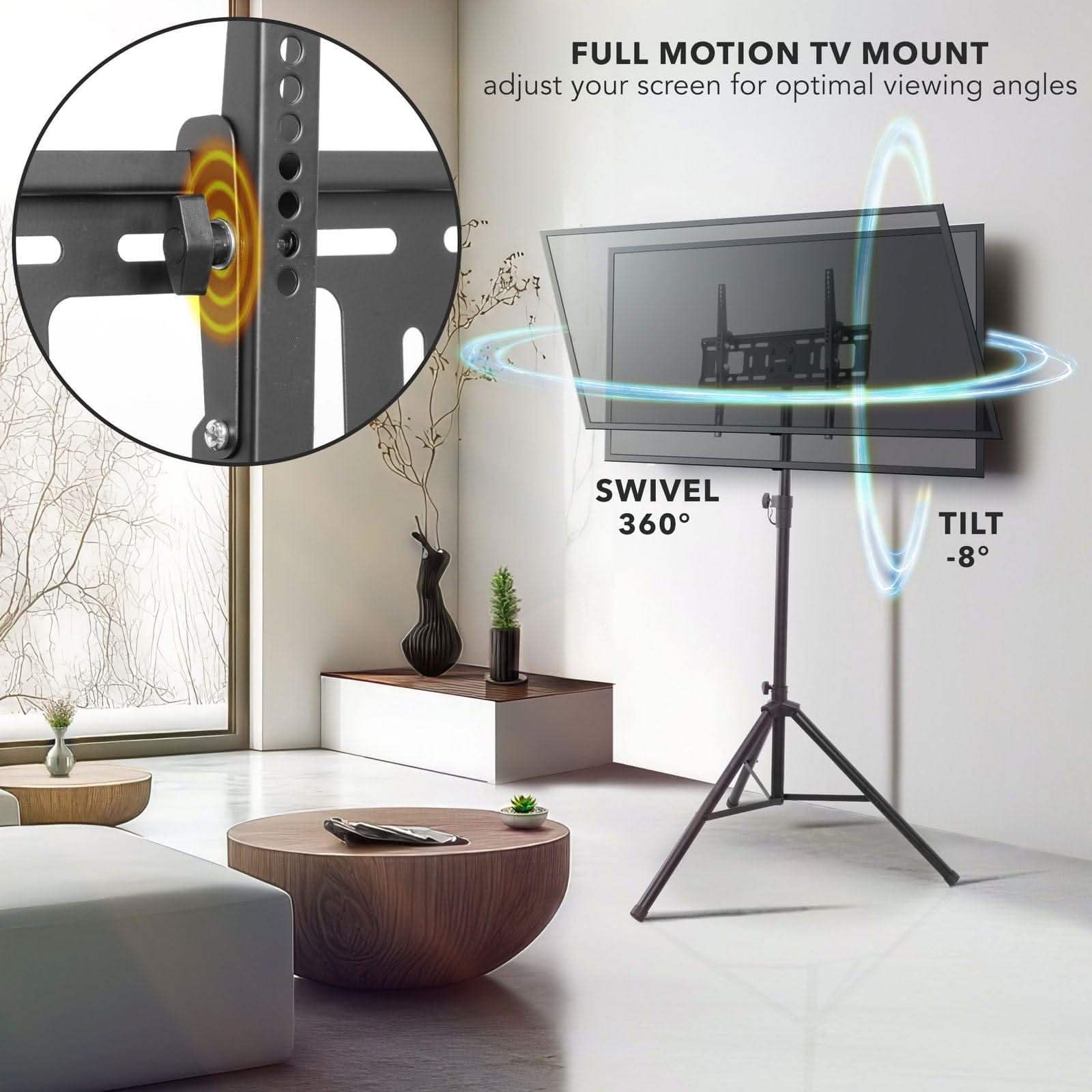 FULL MOTION TV MOUNT  
adjust your screen for optimal viewing angles  

SWIVEL 360°  
TILT -8°