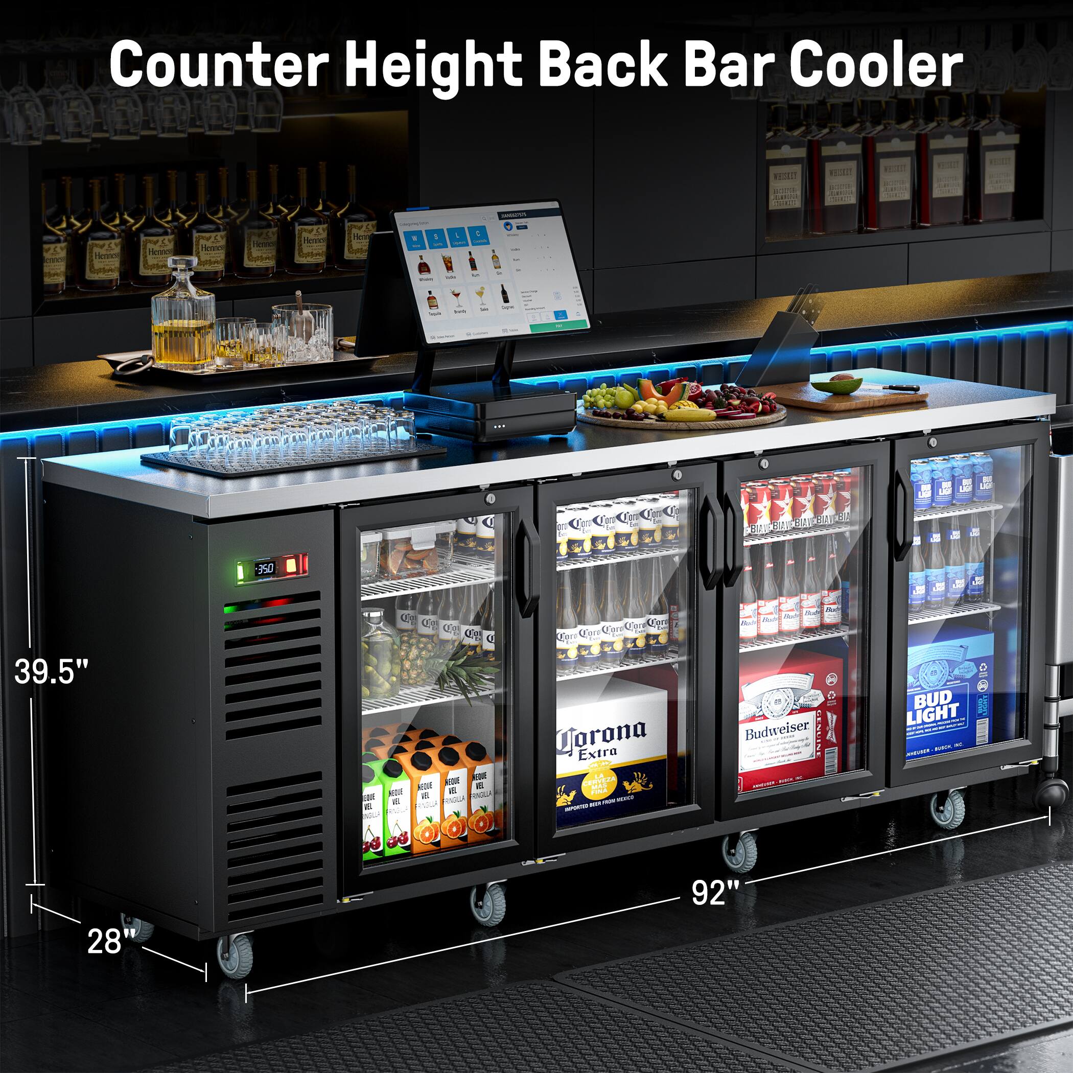 Counter Height Back Bar Cooler | H - Hemcn - Hesrn Heses L Mewc gtme Hom & A . : : : - in 750 39.5" 0   u 2 - - - a - d  a od  a PENA d  N  as 4e COe Oper Kaer Der Corona Extra  - - - -  Budweiser I : I - BUD LIGHT - - - -  28" 92"