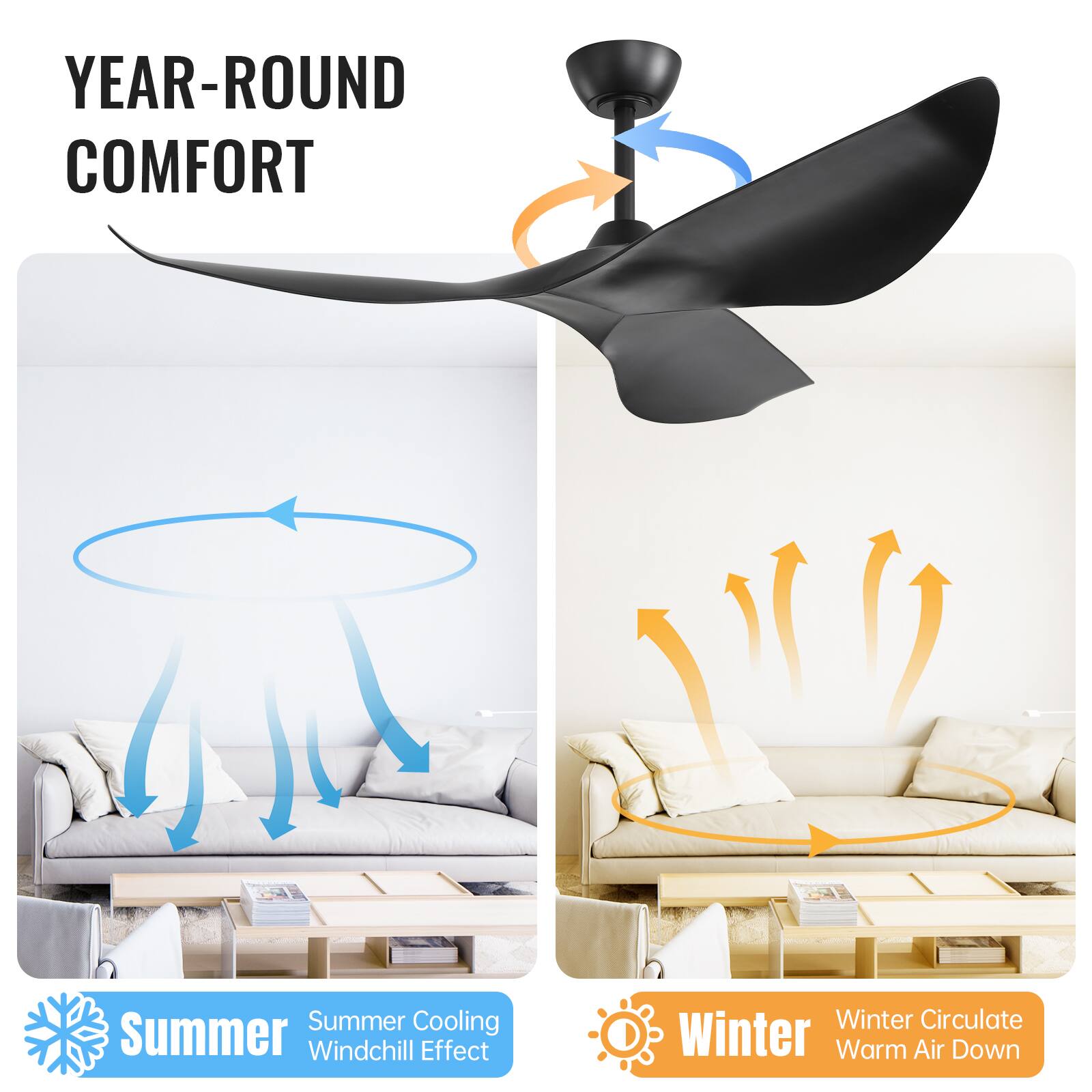 YEAR-ROUND COMFORT

Summer  
Summer Cooling  
Windchill Effect

Winter  
Winter Circulate  
Warm Air Down
