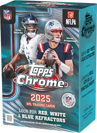 - Pr
- ..O.N
- 20a PAPad
- E2 aom dn
- NFL
- TIANG NFLPA
- Tennessee Cam Ward Titans
- Chrm Drake Maye New England Patriots
- LNEN RED WHITE
- TmaNS LOOR FOR
- REFRACTORS & BLUE topPS
- CRASE RARE LIY AND Chrome
- LETS GO INSERTS
- FANATICAL
- E ECLUSIVE E THE E
- 2025 NFL NFL TRADING CARDS
- TRADING CARD CARUS
- BA LOOK 28 TUTTAL FER FOR RED, 4 C WHITE FER RO & BACKSS E BLUE 1 EA REFRACTORS
- (NO PURCHASE NECESSARY. VISIT TOPPS.COM/NPN FOR DETAILS AND ENTRY.)
Corrected Text:
- NFL
- Tennessee Cam Ward Titans
- New England Patriots Drake Maye
- Topps Chrome 2025 NFL Trading Cards
- Look for Red, White & Blue Refractors
- Chase Rare Helix, Let's Go and Fanatical Inserts
- Exclusive The NFL Trading Card
- 28 Total Cards
- 7 Packs