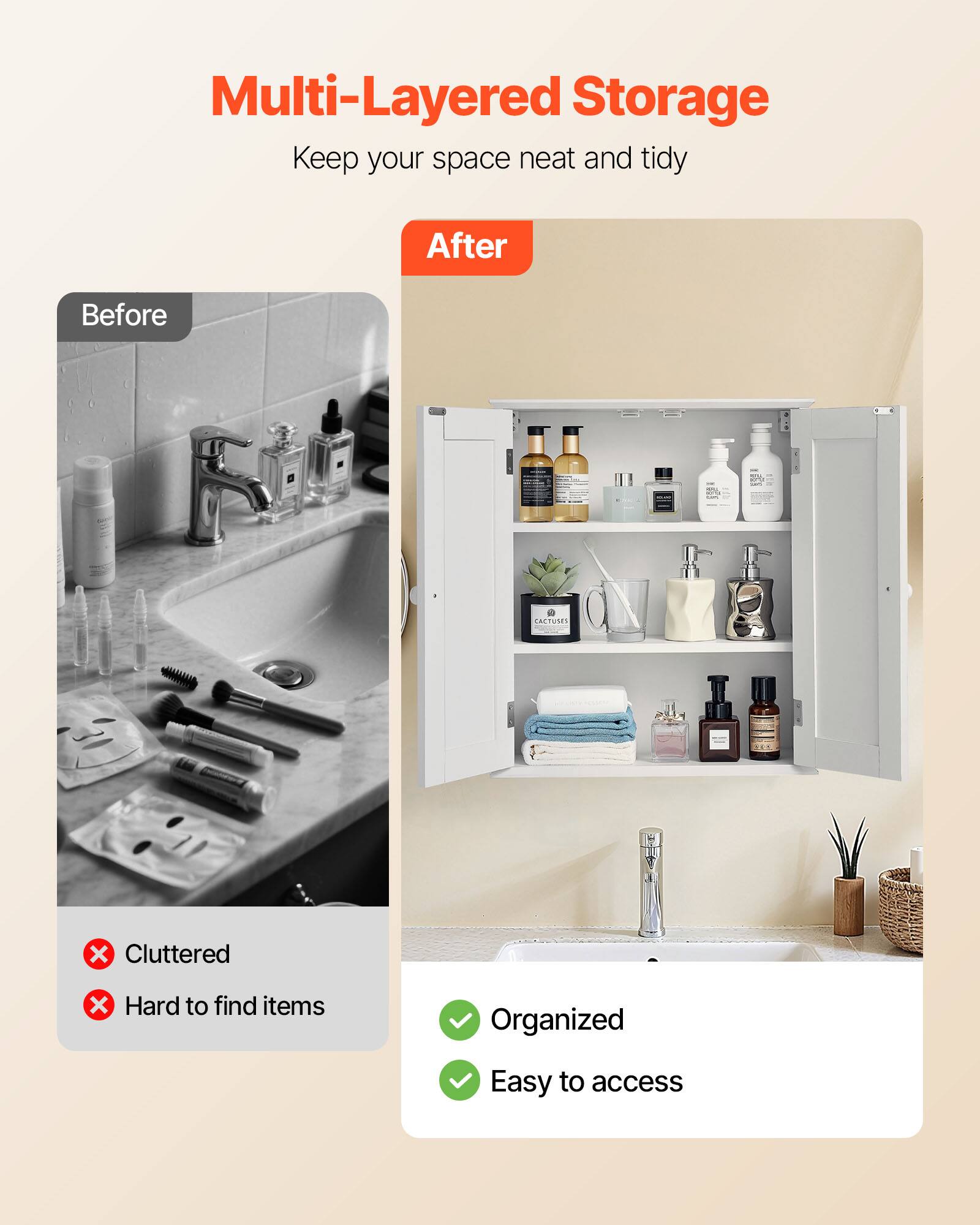 Multi-Layered Storage  
Keep your space neat and tidy  

Before  
Cluttered  
Hard to find items  

After  
Organized  
Easy to access