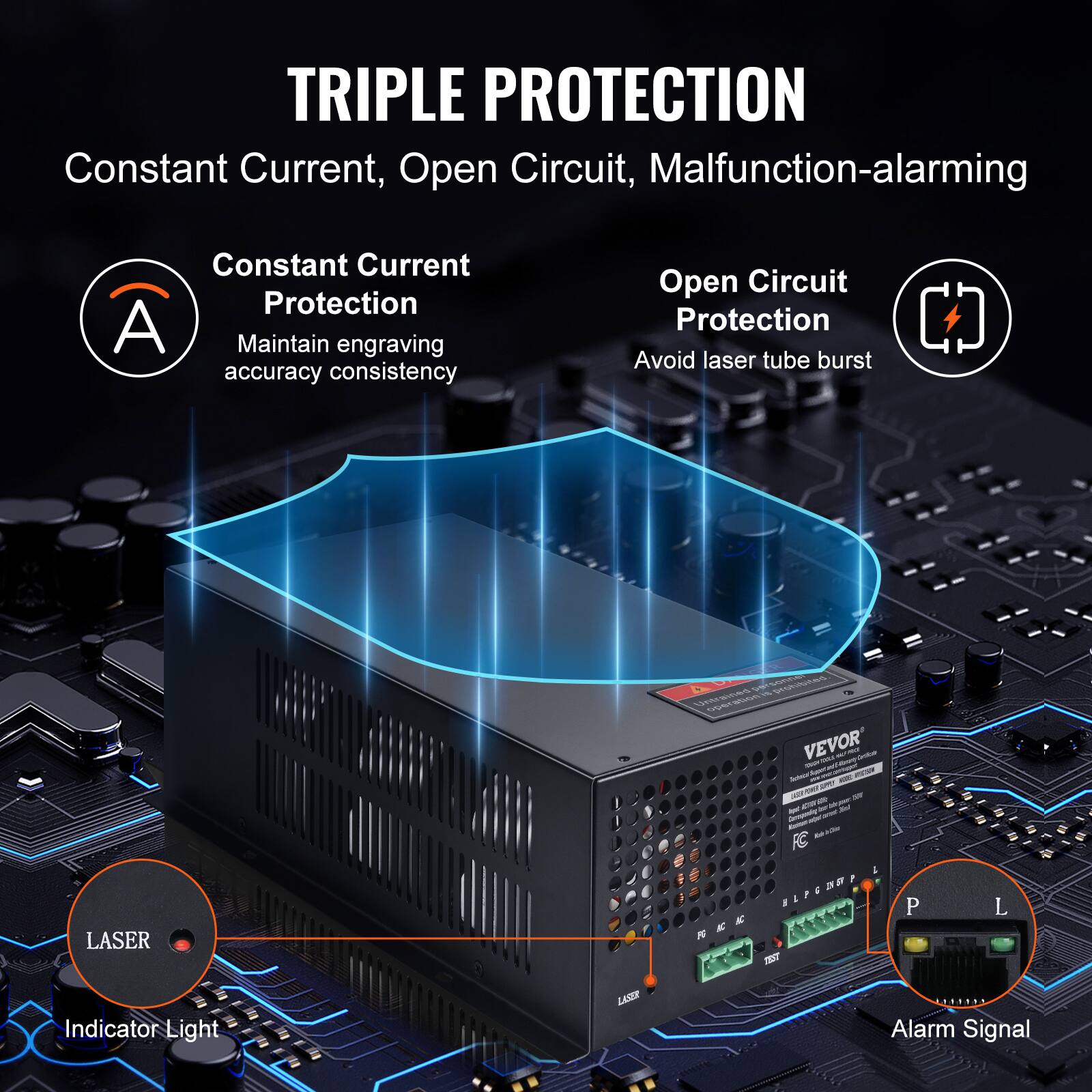 TRIPLE PROTECTION  
Constant Current, Open Circuit, Malfunction-alarming  

Constant Current Protection  
Maintain engraving accuracy consistency  

Open Circuit Protection  
Avoid laser tube burst  

Indicator Light  
Alarm Signal  

LASER  

VEVOR  

P  
L
