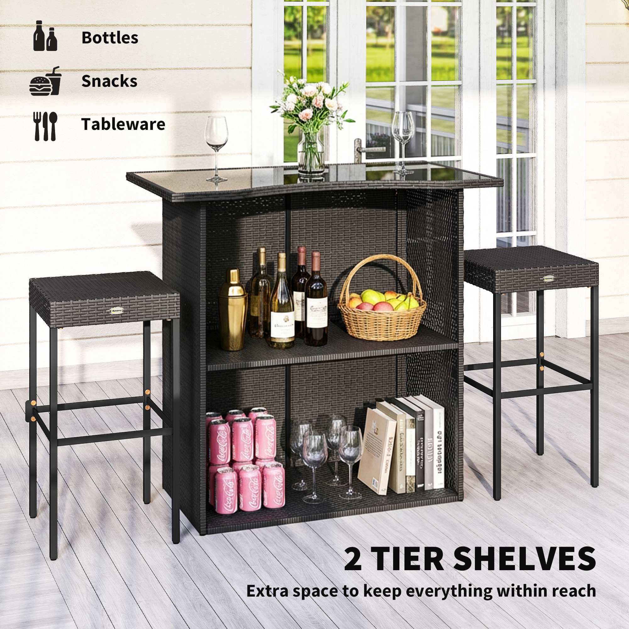 Bottles  
Snacks  
Tableware  

LAO E I CLARENAS  
0 LEG 1900940  

2 TIER SHELVES  
Extra space to keep everything within reach