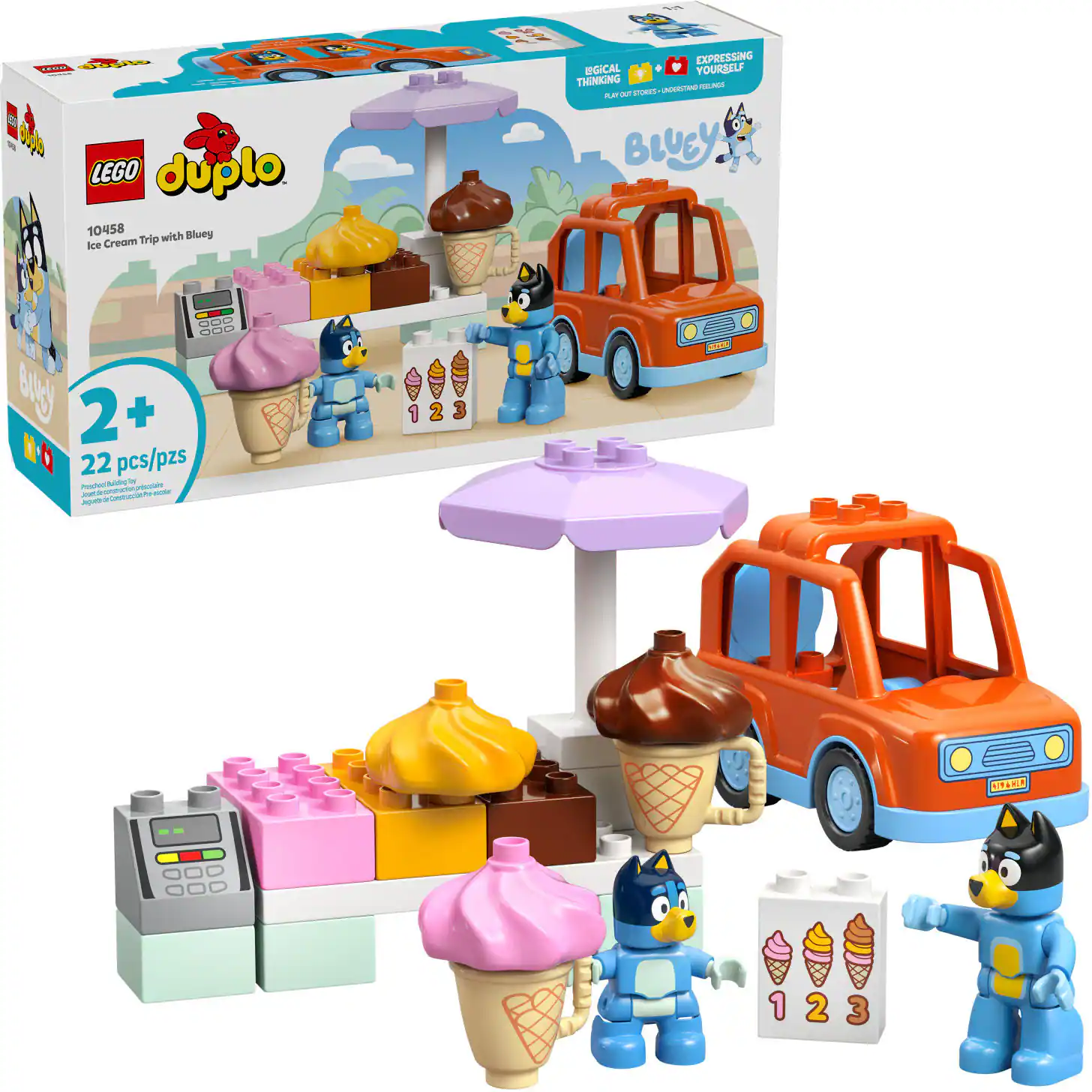 - LEGO Duplo 10458 with Bluey Ice Cream Trip
- Expressing Yourself Thinking
- 2+ years
- 22 pieces/pzs
- Bluey
- 1, 2, 3