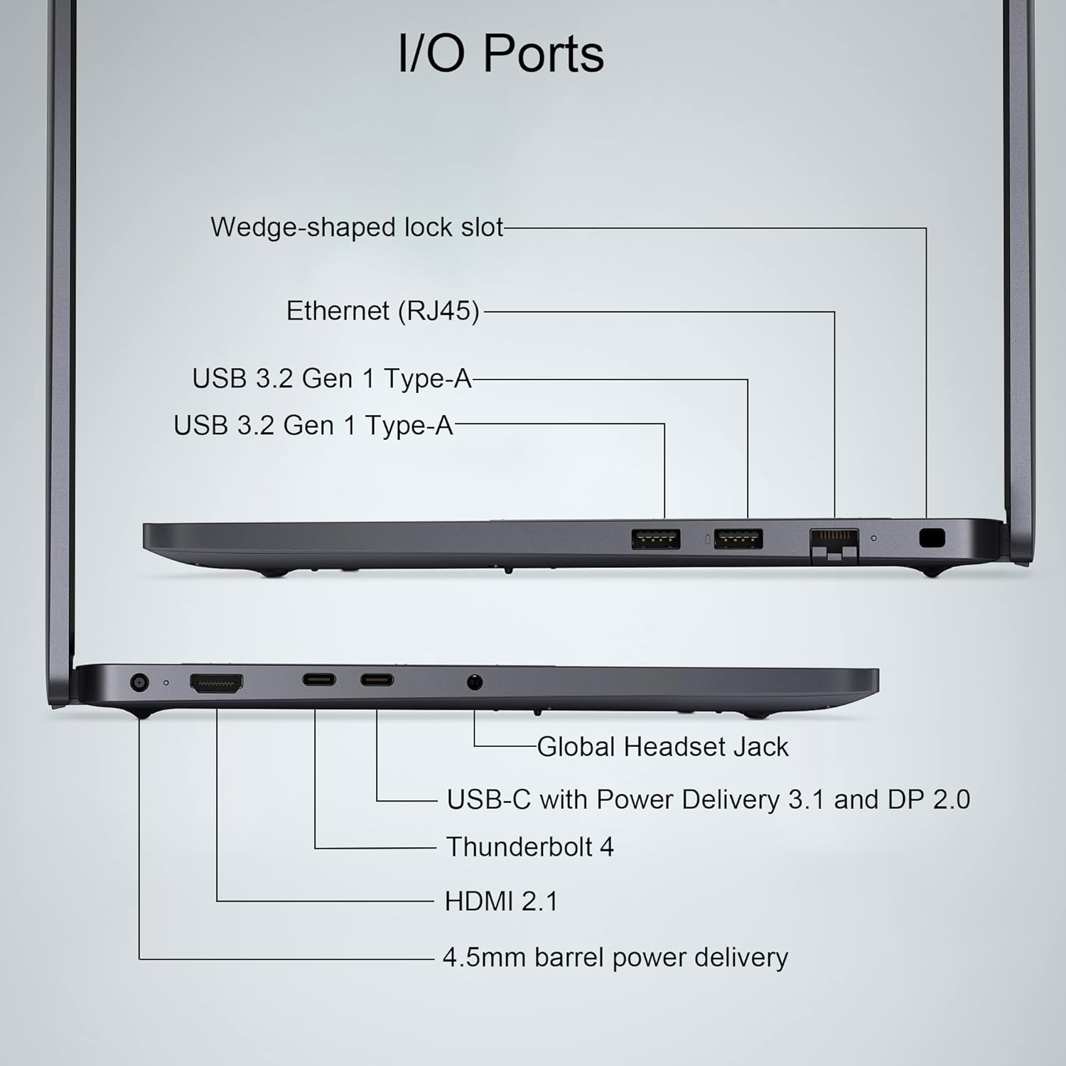 I/O Ports

- Wedge-shaped lock slot
- Ethernet (RJ45)
- USB 3.2 Gen 1 Type-A
- USB 3.2 Gen 1 Type-A
- Global Headset Jack
- USB-C with Power Delivery 3.1 and DP 2.0
- Thunderbolt 4
- HDMI 2.1
- 4.5mm barrel power delivery
