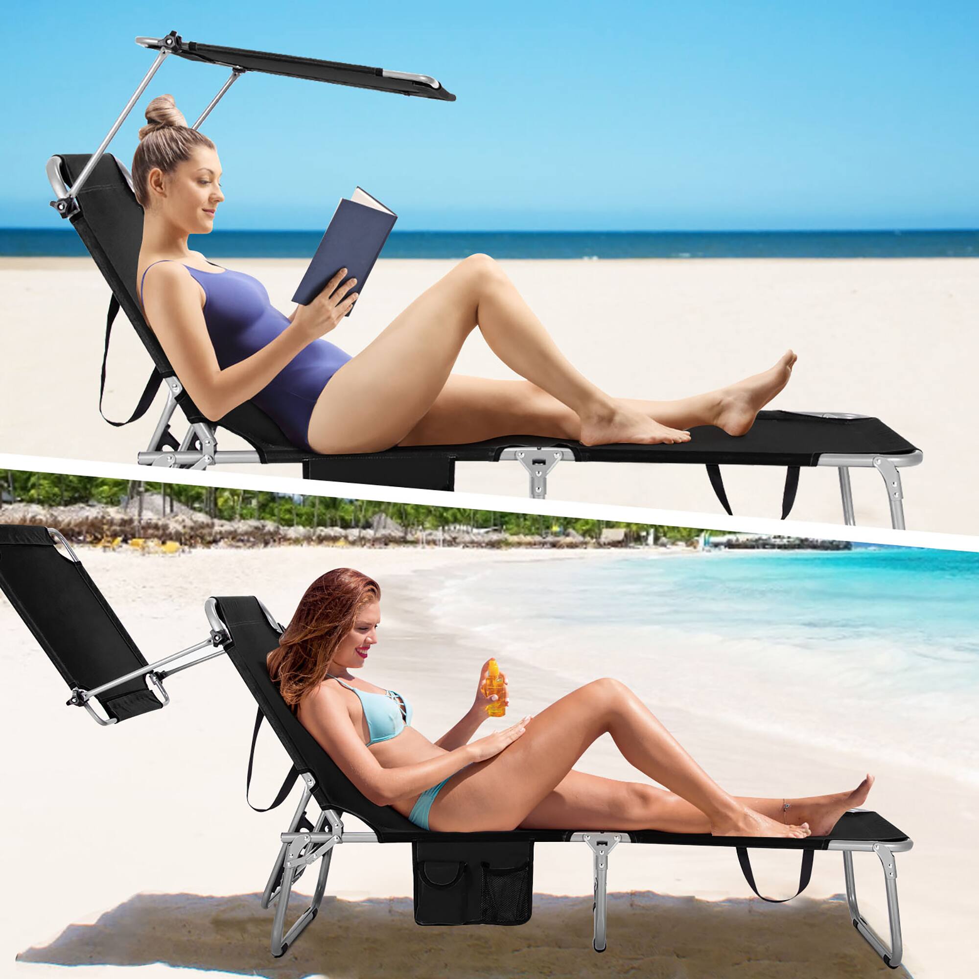 Alt View 3. Costway - Costway Foldable Sun Shading Lounge Chair Adjustable Beach Sunbathing Recliner W/Pocket - Black.
