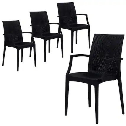 Front. LeisureMod - Mace 4-Pieces Modern Woven Pattern Dining Chairs - Waterproof Stackable Indoor Outdoor Patio Chairs - Black.