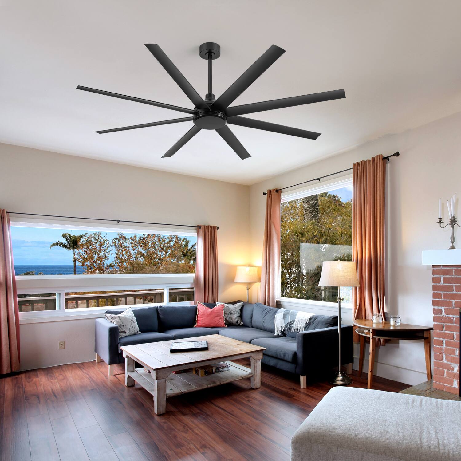 Alt View 5. Breezary - 72" Large Indoor Ceiling Fan with Remote, 8 ABS Blades, 6-Speed DC Motor, Timer, 7''/12''Downrods, Light/No Light Option - Matte Black (Without Light).