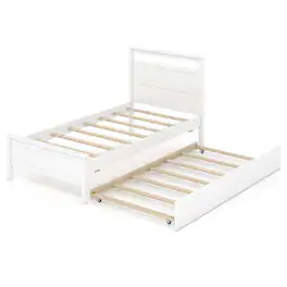 Costway - Twin Size Platform Bed with Trundle Pull-out Trundle Headboard & Footboard - White