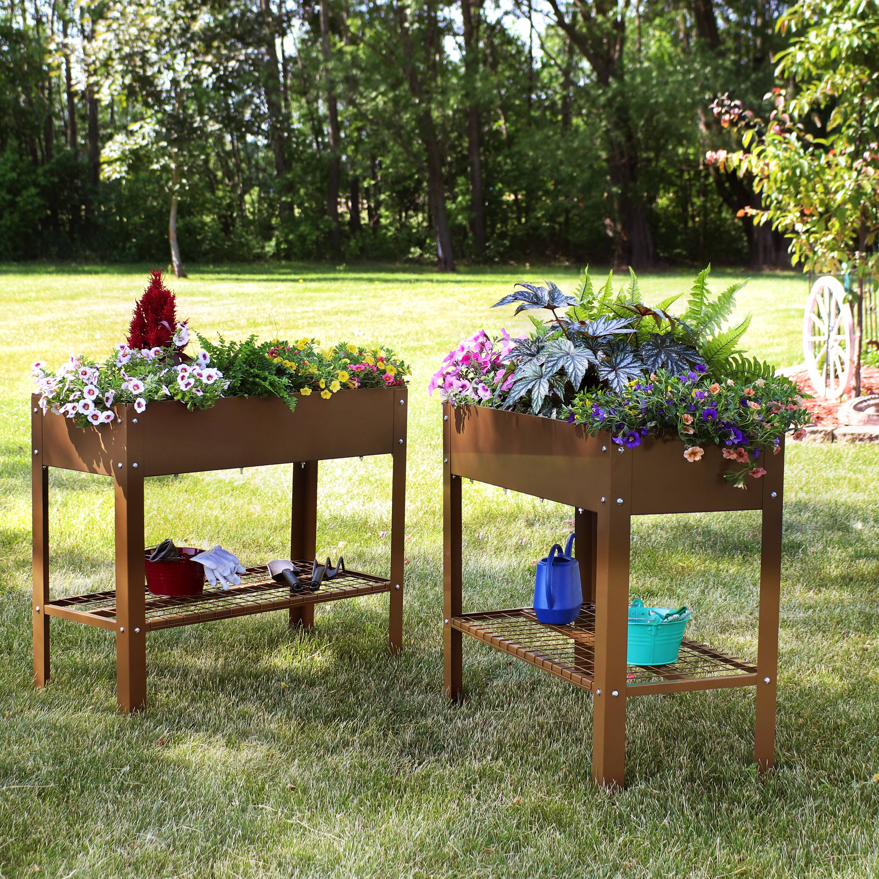 Alt View 1. Sunnydaze - Galvanized Steel Raised Bed with Mesh Shelf - Set of 2 - Brown.