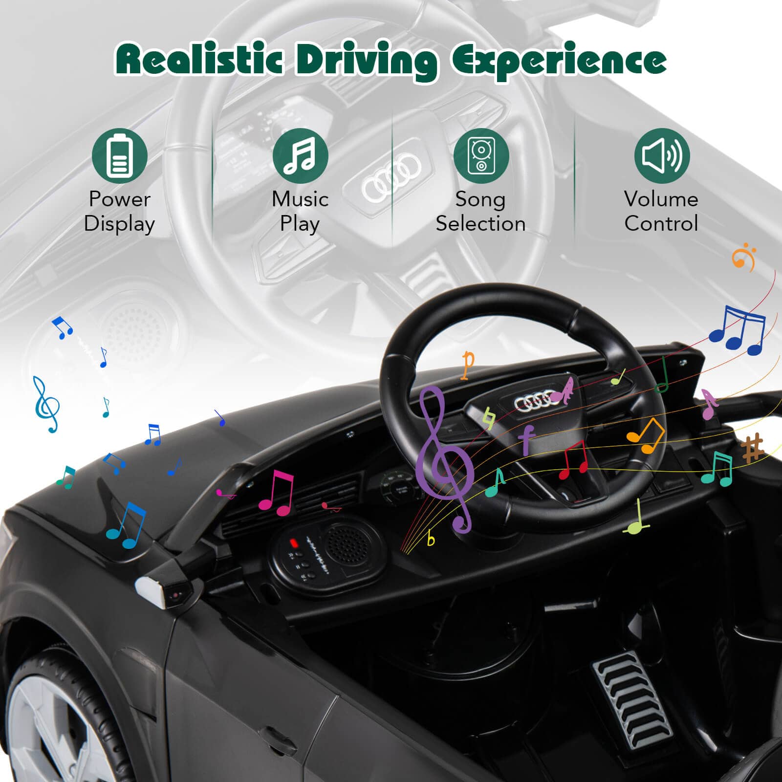 Realistic Driving Experience

- Power Display
- Music Play
- Song Selection
- Volume Control