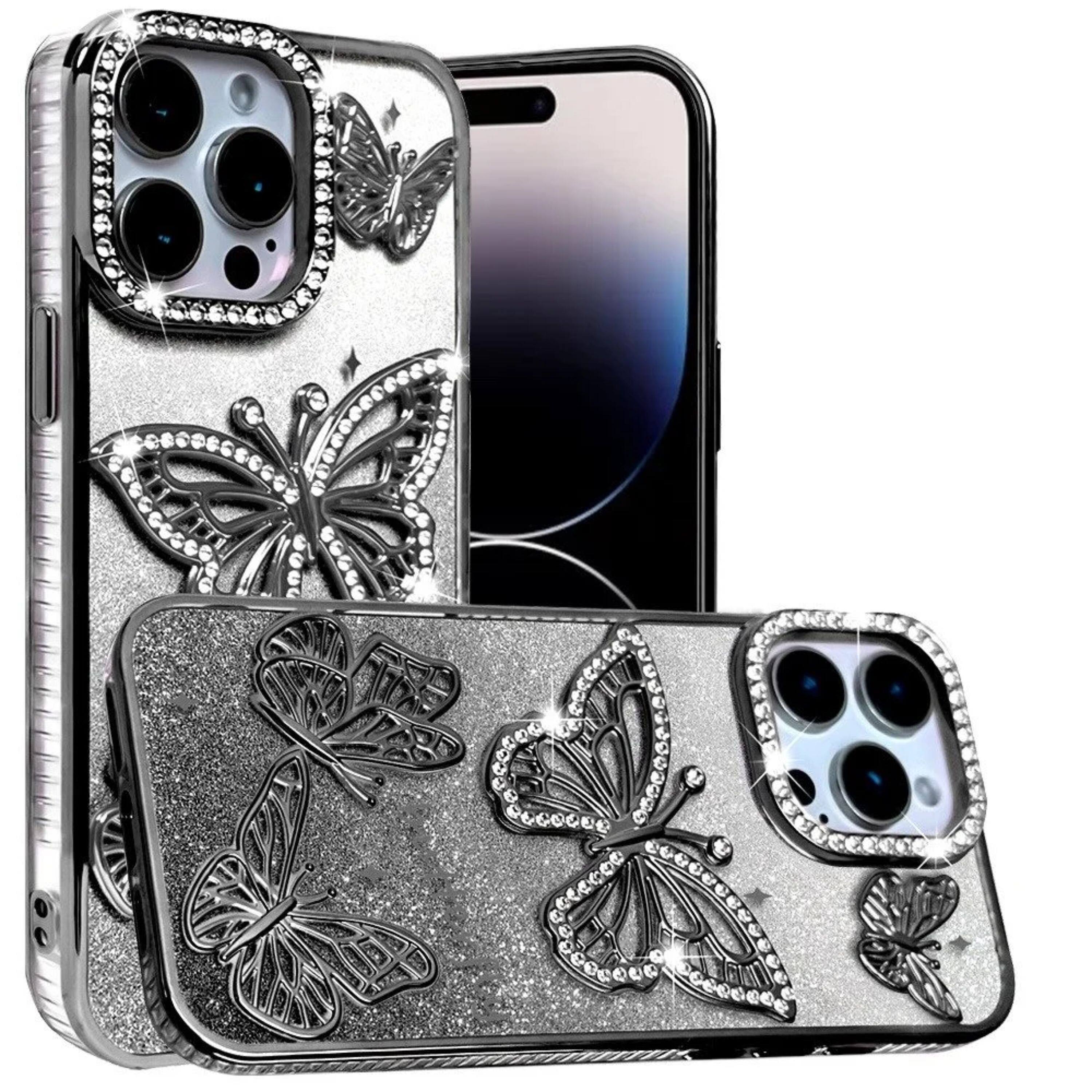 Angle. Kitcheniva - Bling Butterflies 3D Glitter Phone Cover For iPhone 14 Pro Max Black - Black.