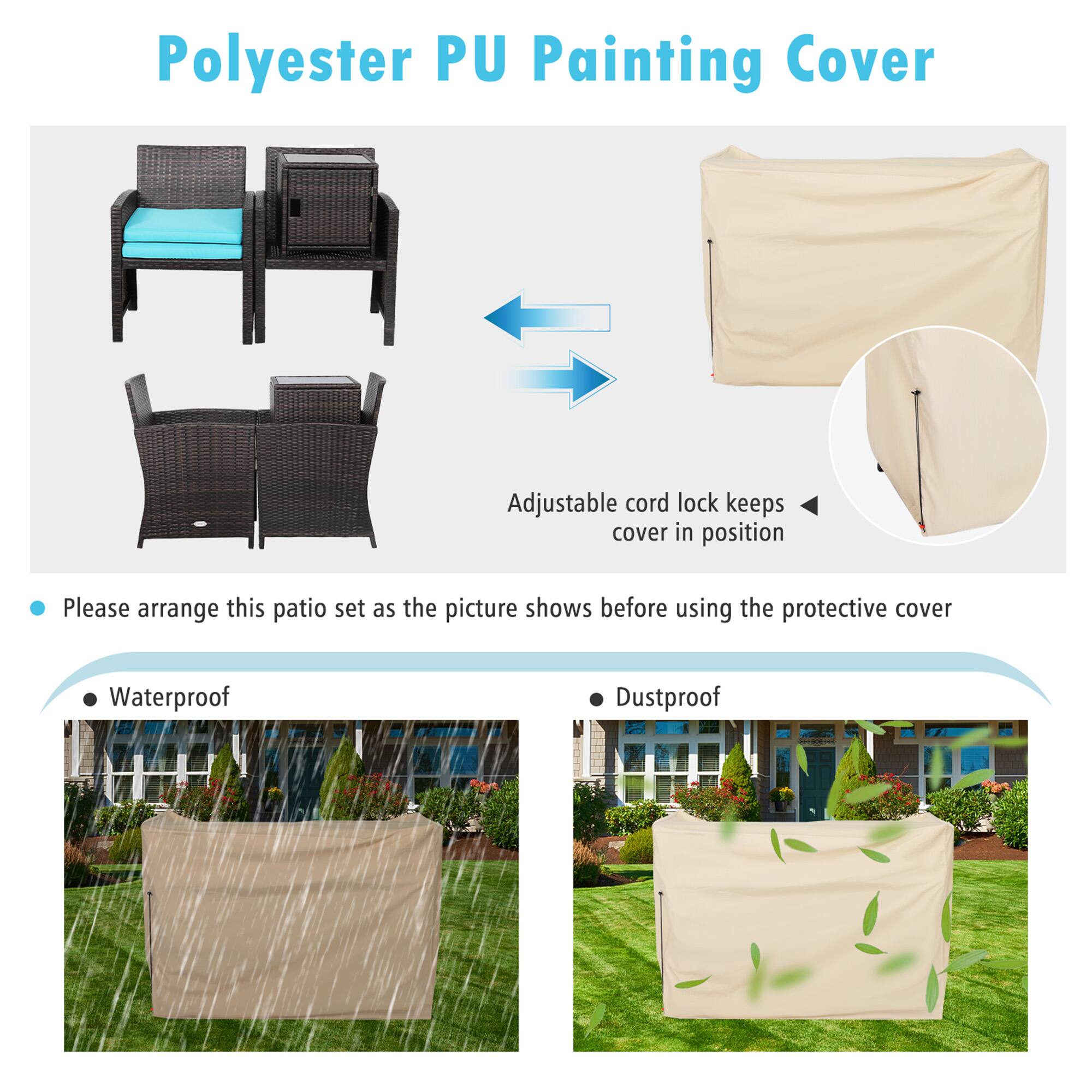 Polyester PU Painting Cover

Adjustable cord lock keeps cover in position

Please arrange this patio set as the picture shows before using the protective cover

Waterproof

Dustproof