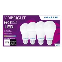 VIRIBRIGHT - A19 LED Bulb, 810 Lumens, Dimmable, CEC T20, 90+ CRI, (4 Pack) - Cool White