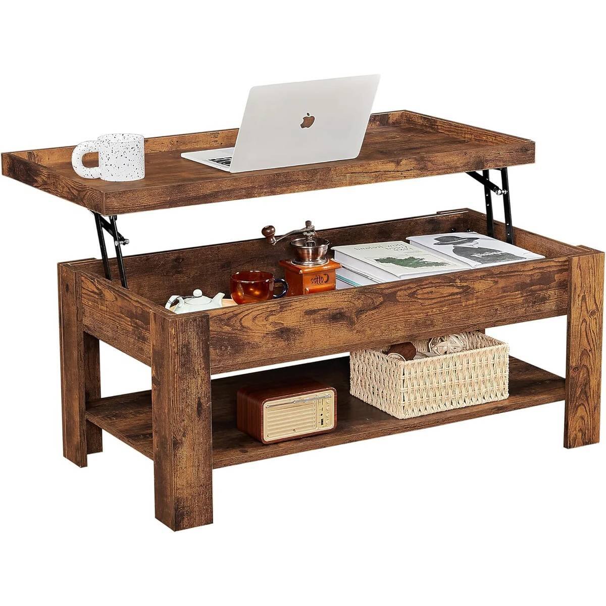 Front. Hivvago - Modern Lift Top Coffee Table with Storage Shelf in Brown Wood Finish - Brown.