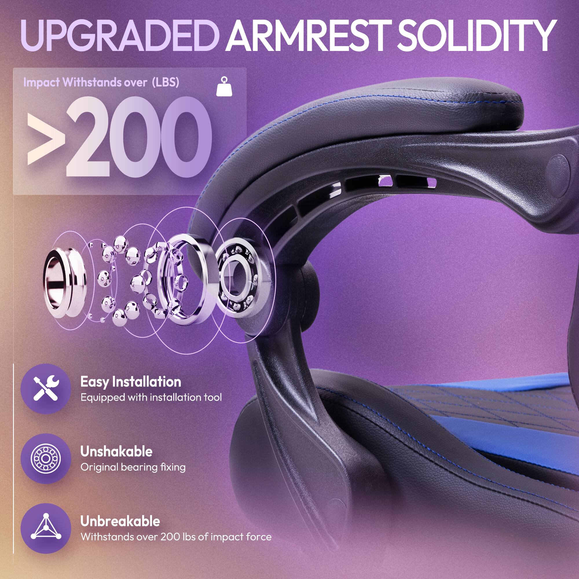UPGRADED ARMREST SOLIDITY

Impact Withstands over (LBS) >200

- Easy Installation
  Equipped with installation tool

- Unshakable
  Original bearing fixing

- Unbreakable
  Withstands over 200 lbs of impact force