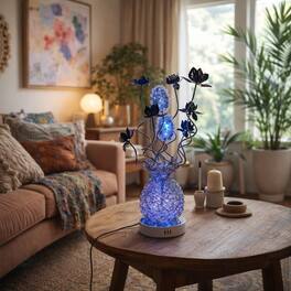 FC Design - 24"H Black Vase w/ Black Floral Stem Blue Changing Light Table Lamp