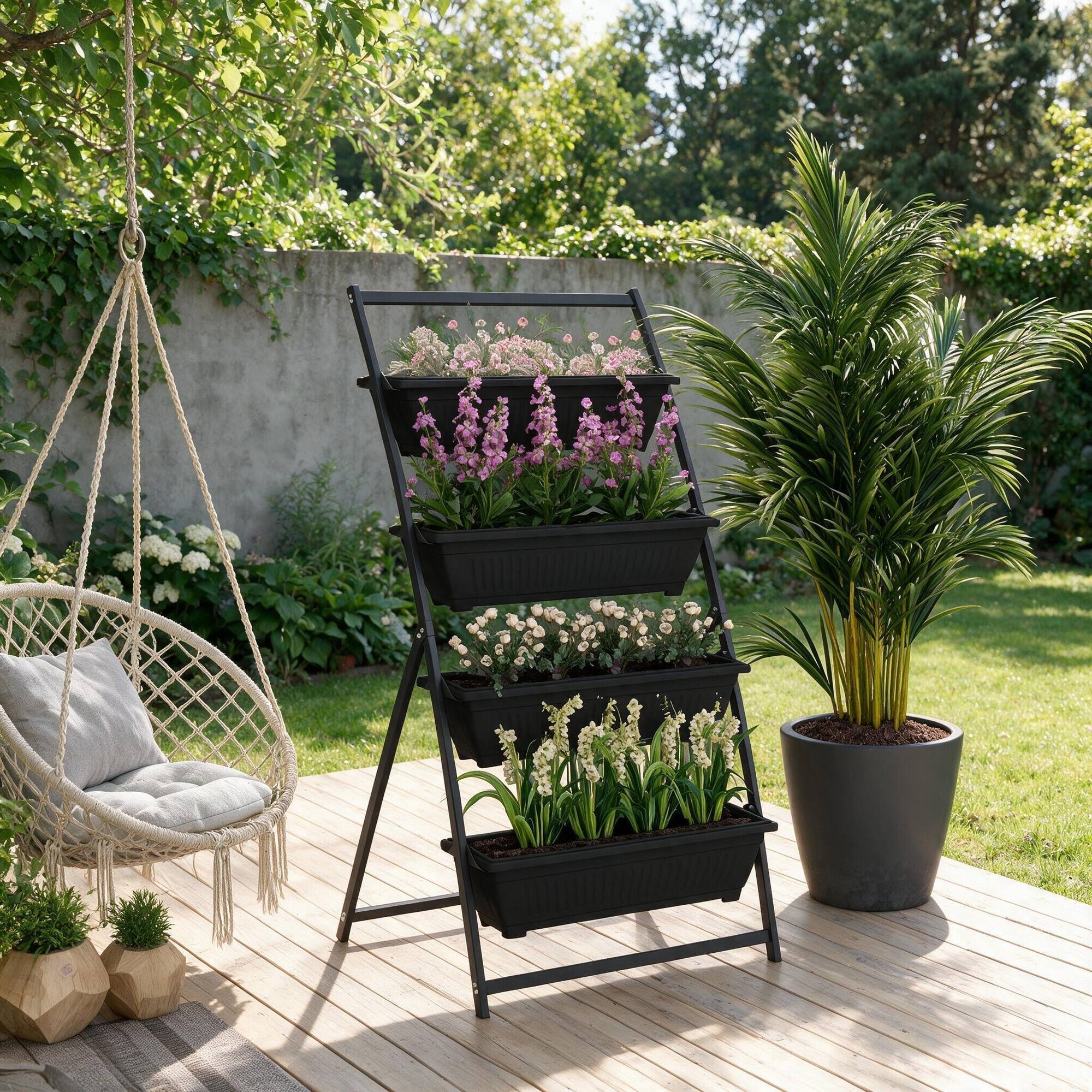 Alt View 2. RYHNUYNE - Outsunny 4 Tier Raised Garden Bed, Vertical Planter Boxes with Stand, Self Draining Elevated Outdoor Garden - Black.