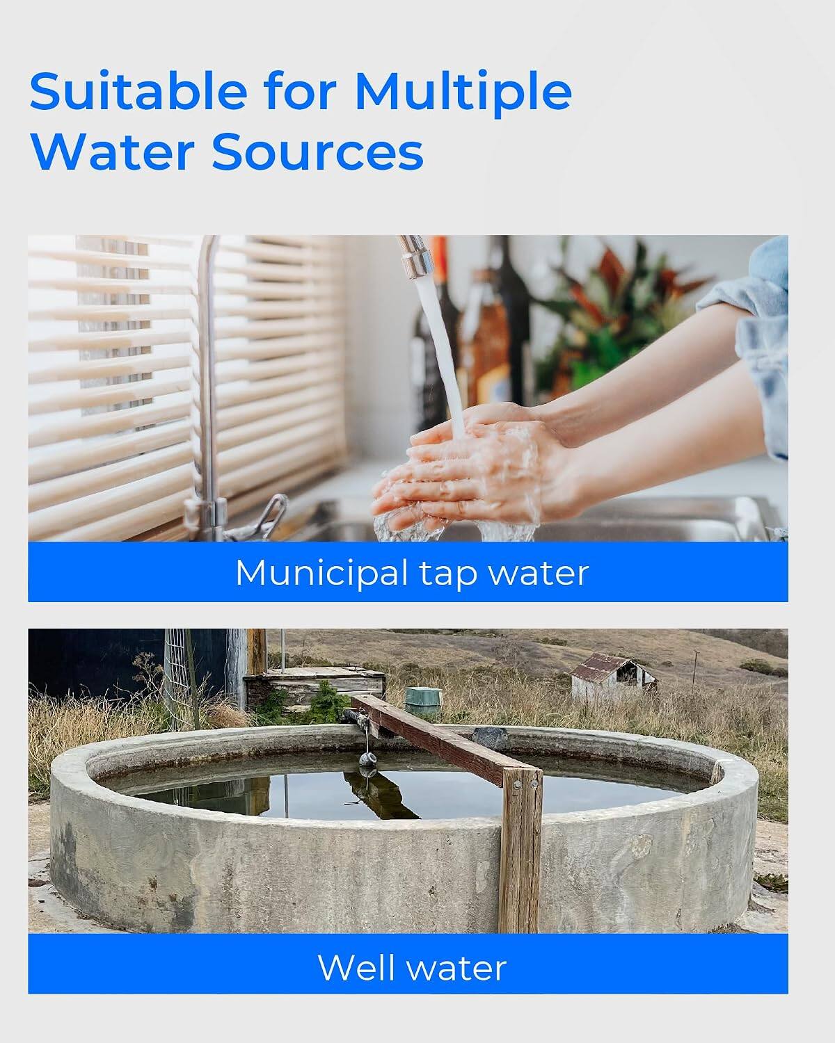 Suitable for Multiple Water Sources

Municipal tap water

Well water