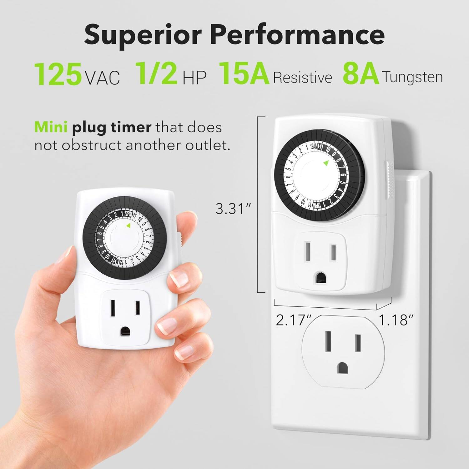 Superior Performance  
125 VAC 1/2 HP 15A Resistive 8A Tungsten  
Mini plug timer that does not obstruct another outlet.  
3.31"  
2.17"  
1.18"