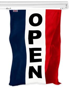 G128 - Open Vertical Sign Flag 3x5 ft 150D Polyester Dye-Sublimated Brass Grommets - Assorted Colors