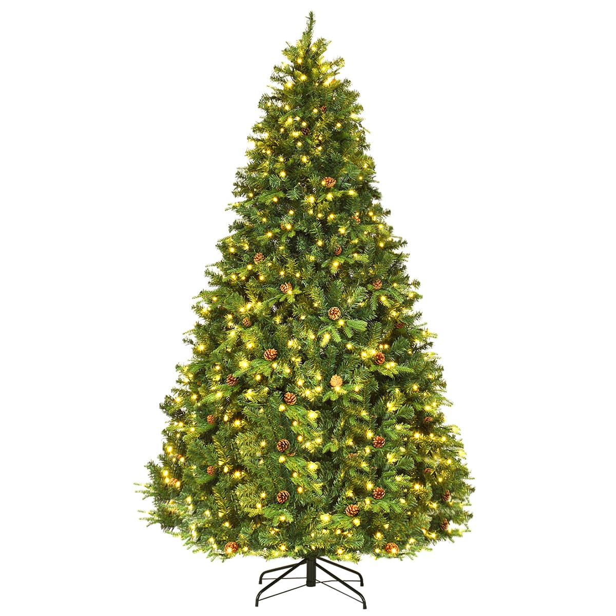 Front. Costway - 8Ft Pre-Lit Christmas Tree Hinged 600 LED Lights Pine Cones - Green.