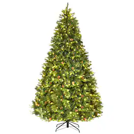 Costway - 8Ft Pre-Lit Christmas Tree Hinged 600 LED Lights Pine Cones - Green