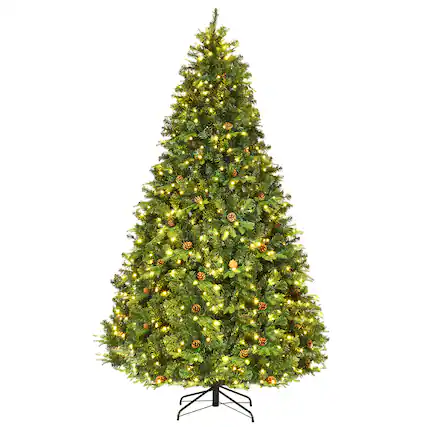 Front. Costway - 8Ft Pre-Lit Christmas Tree Hinged 600 LED Lights Pine Cones - Green.