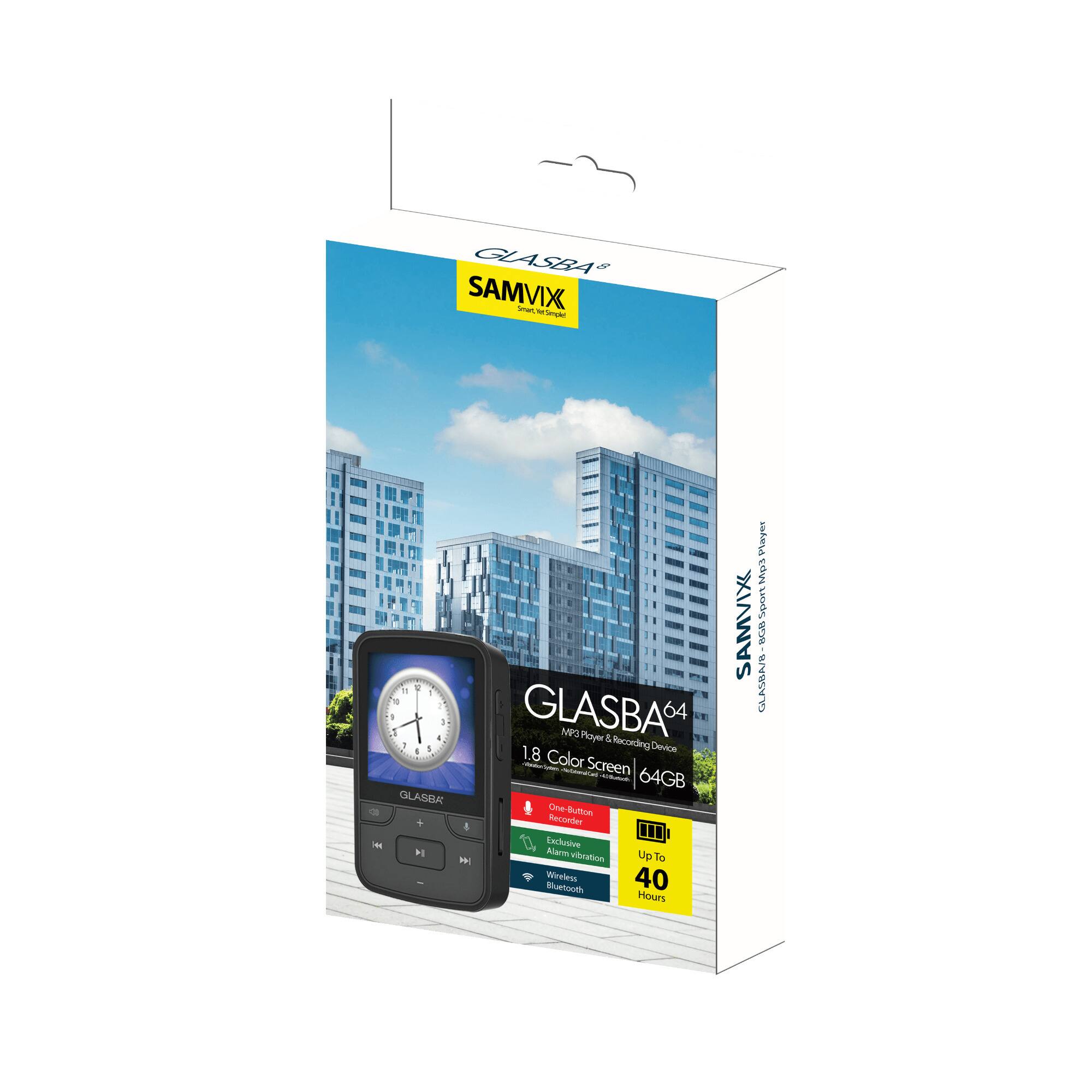GLASBA 64  
MP3 Player & Recording Device  
1.8 Color Screen | 64GB  

SAMVIX  
GLASBA 64  
MP3 Player & Recording Device  
Color Screen | 64GB  

One Button Exclusive Recorder  
Up To 40 Hours  
Wireless Vibration  
Bluetooth  

Up To 40 Hours  
Wireless Vibration  
Bluetooth